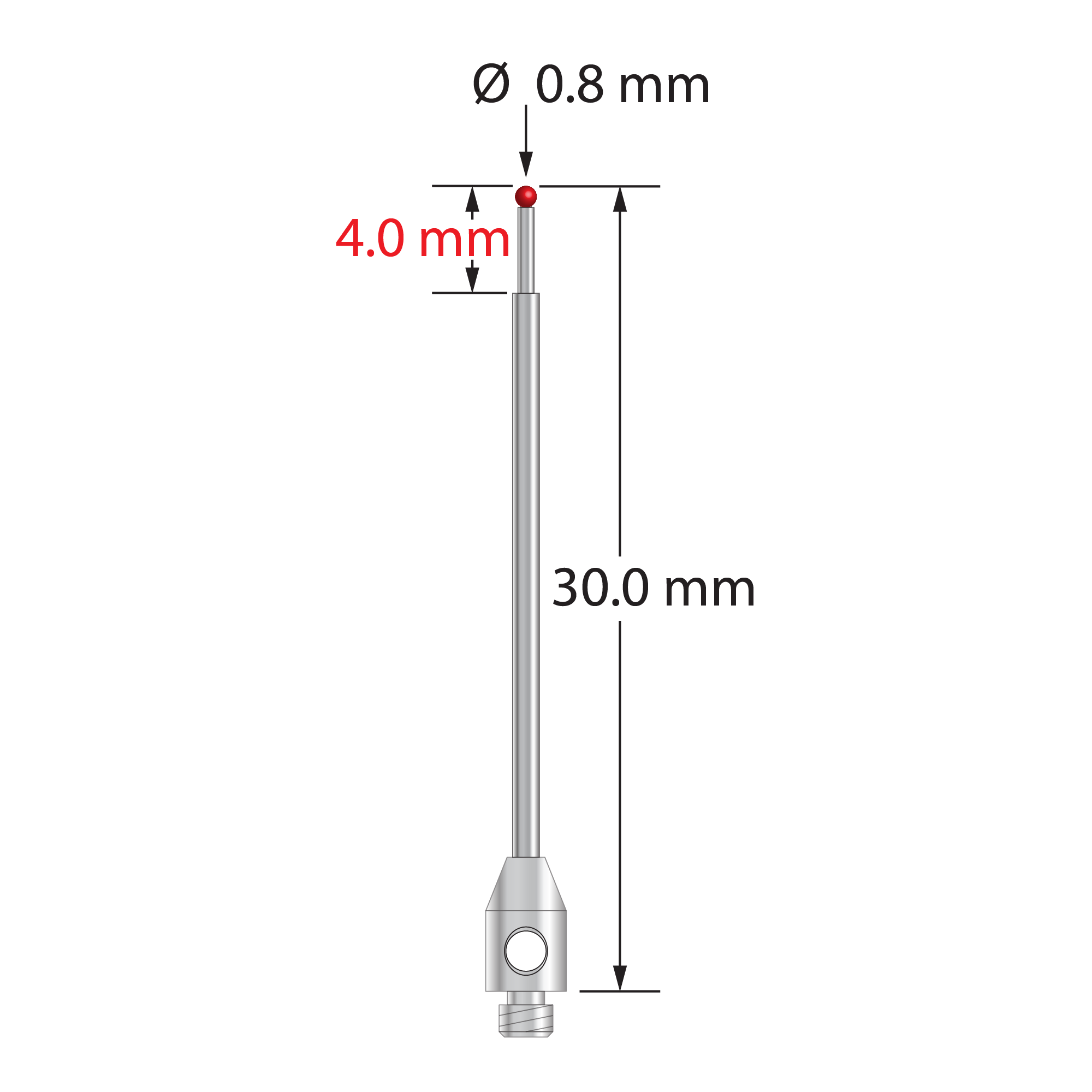 TM2-0830 M2 stylus, 0.8mm ruby ball, stepped carbide stem, stainless steel base, 30mm long.