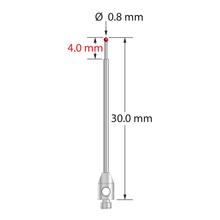 TM2-0830 M2 stylus, 0.8mm ruby ball, stepped carbide stem, stainless steel base, 30mm long.