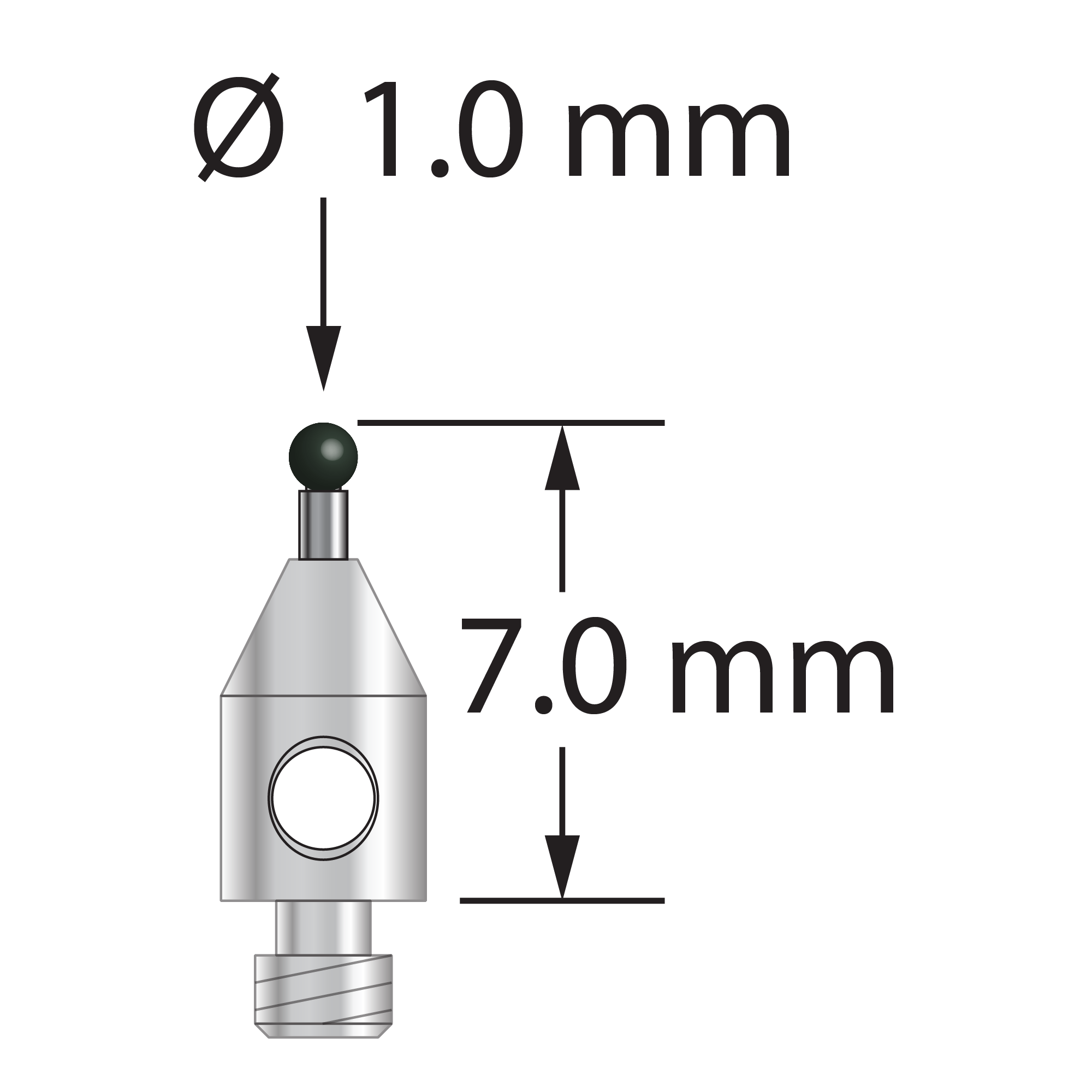 M2 stylus with 1.0 mm diameter silicon nitride ball, 0.7 mm diameter carbide stem, and 3.0 mm diameter x 5.0 mm long stainless steel base. Overall stylus length is 7.0 mm. Stylus weight is 0.25 gram.