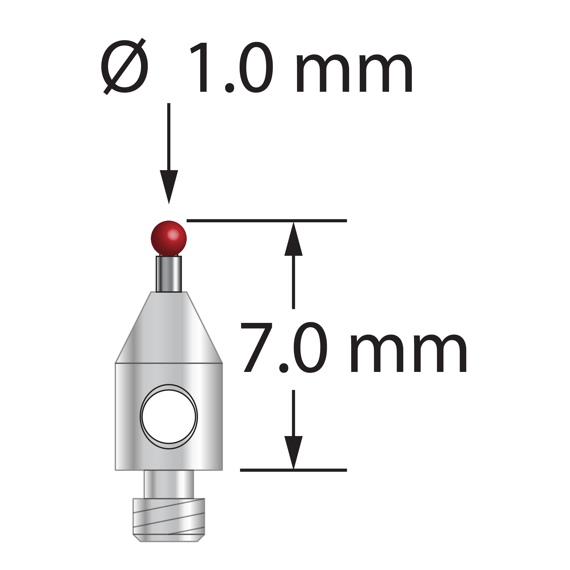 M2 stylus with 1.0 mm diameter zirconia ball, 0.7 mm diameter carbide stem, and 3.0 mm diameter x 5.0 mm long stainless steel base. Overall stylus length is 7.0 mm. Stylus weight is 0.25 gram.