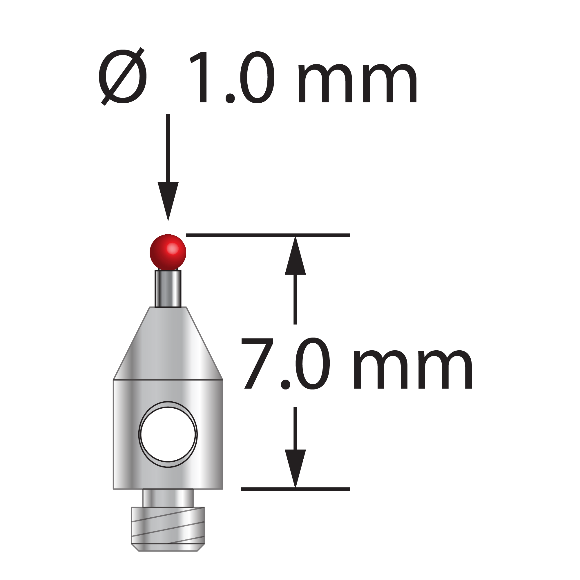 TM2-1007-DS.7 M2 stylus with 1.0mm ruby ball, carbide stem, and stainless steel base, 7.0mm long.