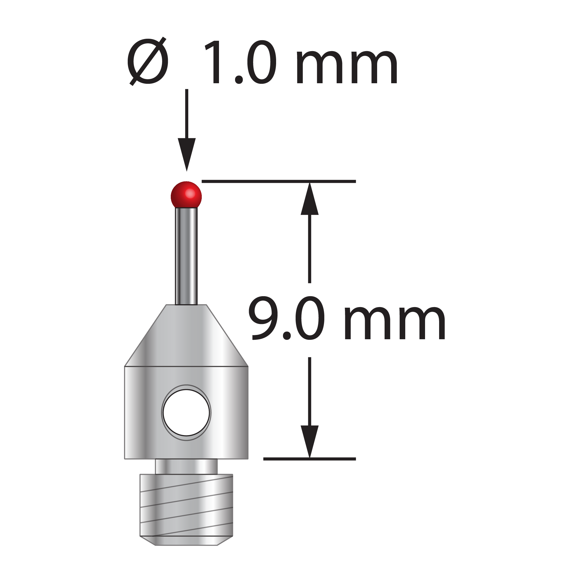 TM2-1009-DS.7 M2 stylus with 1.0mm ruby ball, carbide stem, and stainless steel base, 9.0mm long by Q-Mark Manufacturing, Inc.