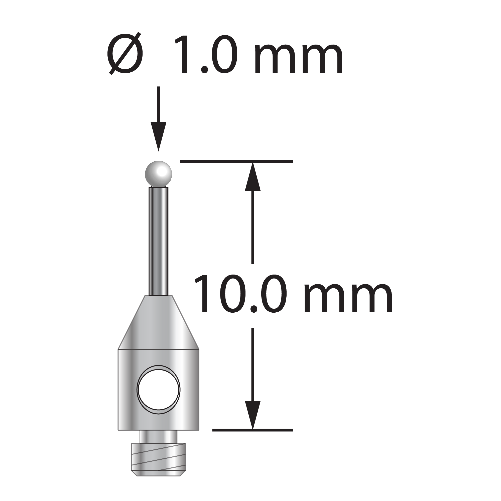 TM2-1010-DS.7-Z M2 stylus with 1.0mm zirconia ball, carbide stem, and stainless steel base, 10.0mm long by Q-Mark Manufacturing, Inc.