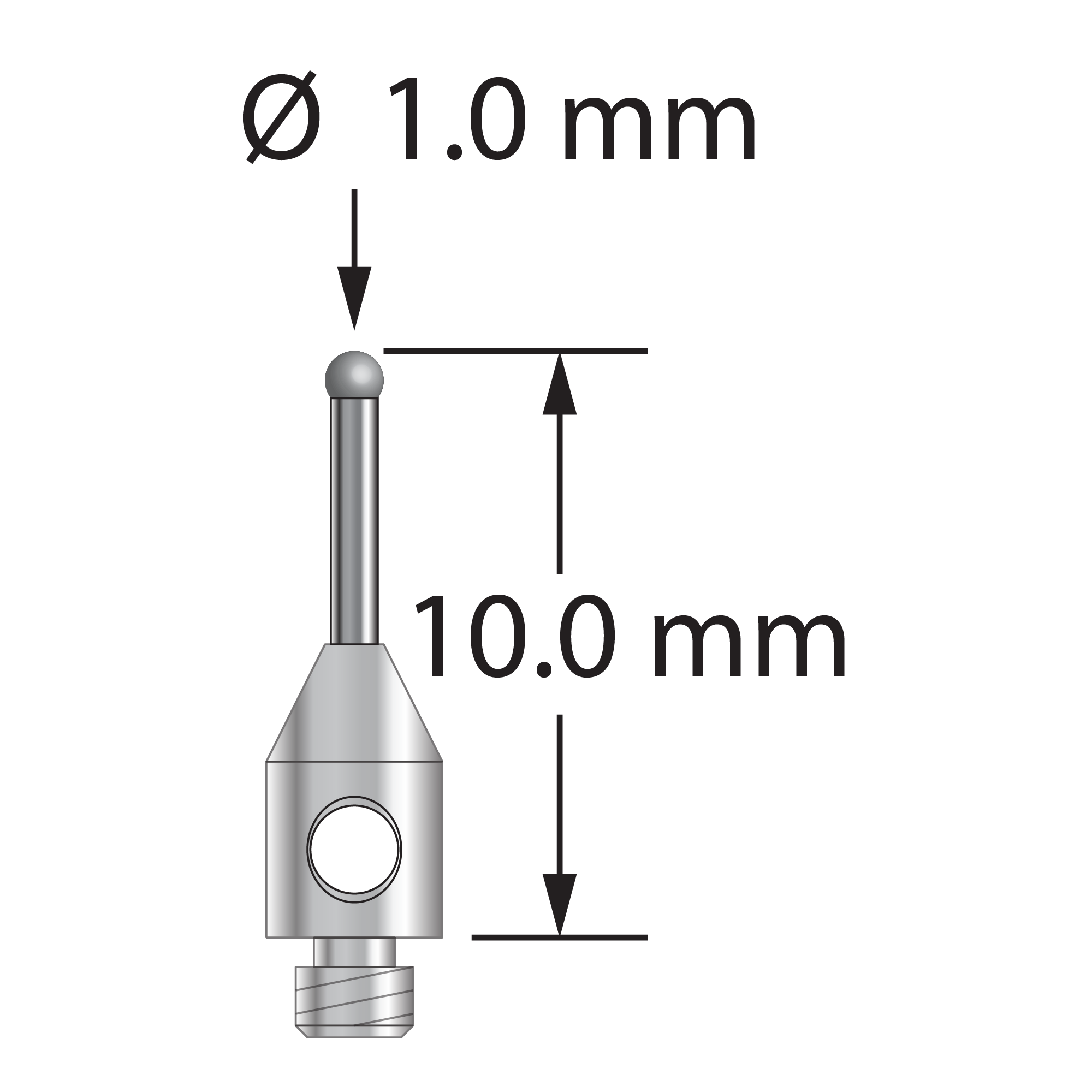 TM2-1010-DS.8-D stylus, 1.0mm solid diamond sphere, carbide stem, stainless steel base, 10.0mm long by Q-Mark Manufacturing, Inc.