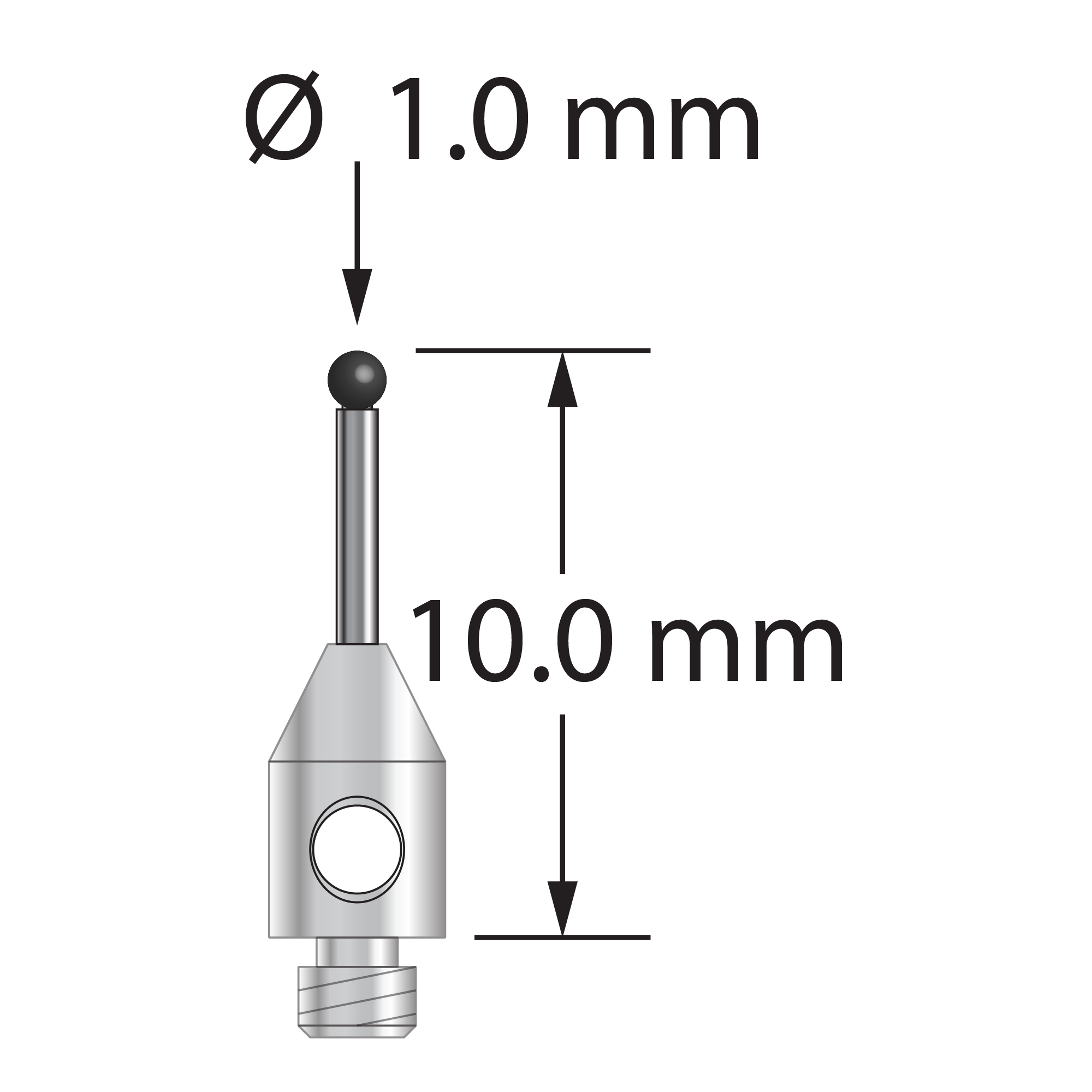 TM2-1010-SN M2 stylus with 1.0mm silicon nitride ball, carbide stem, and stainless steel base, 10.0mm long.