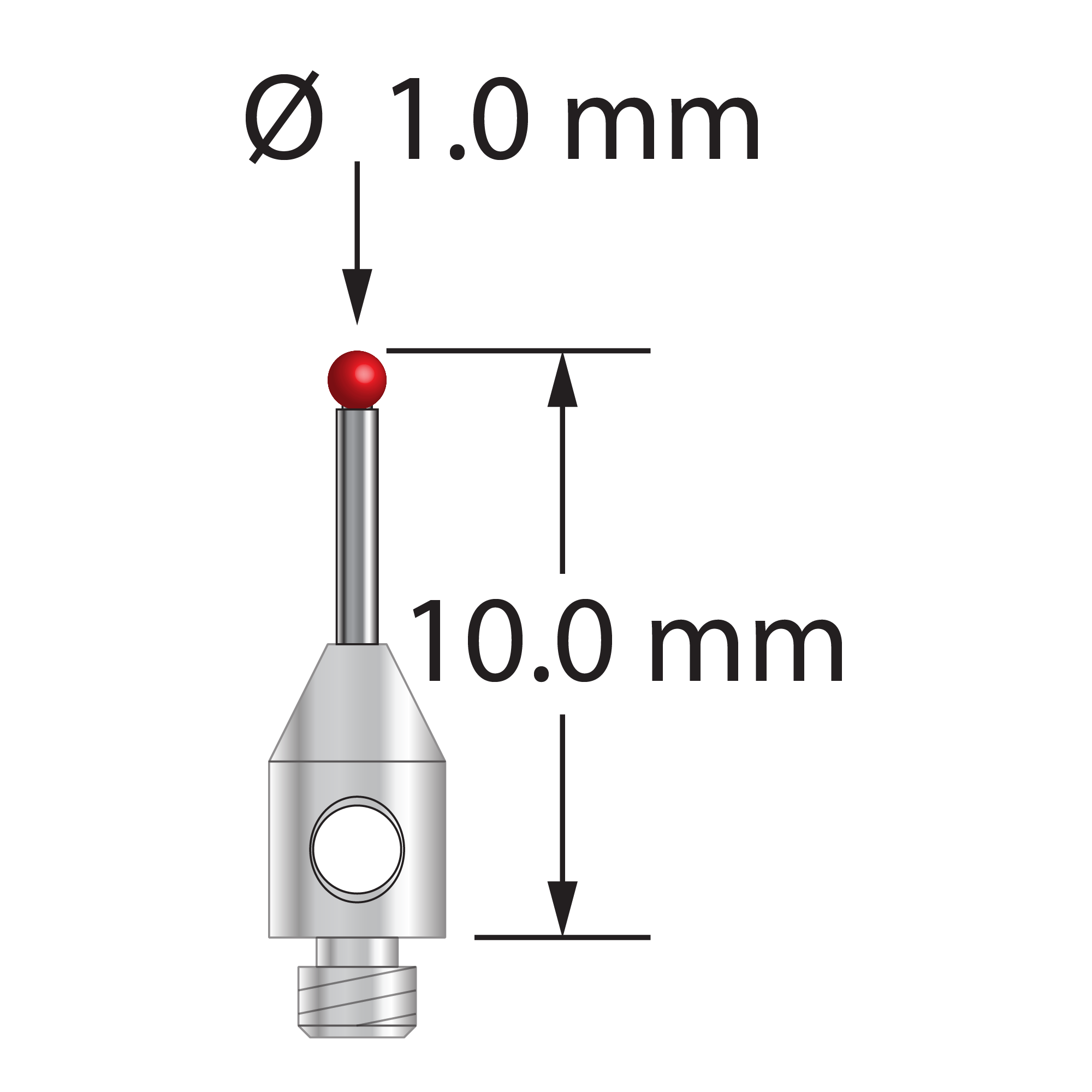 TM2-1010 M2 stylus, 1.0mm ruby ball, carbide stem, stainless steel base, 10.0mm long.