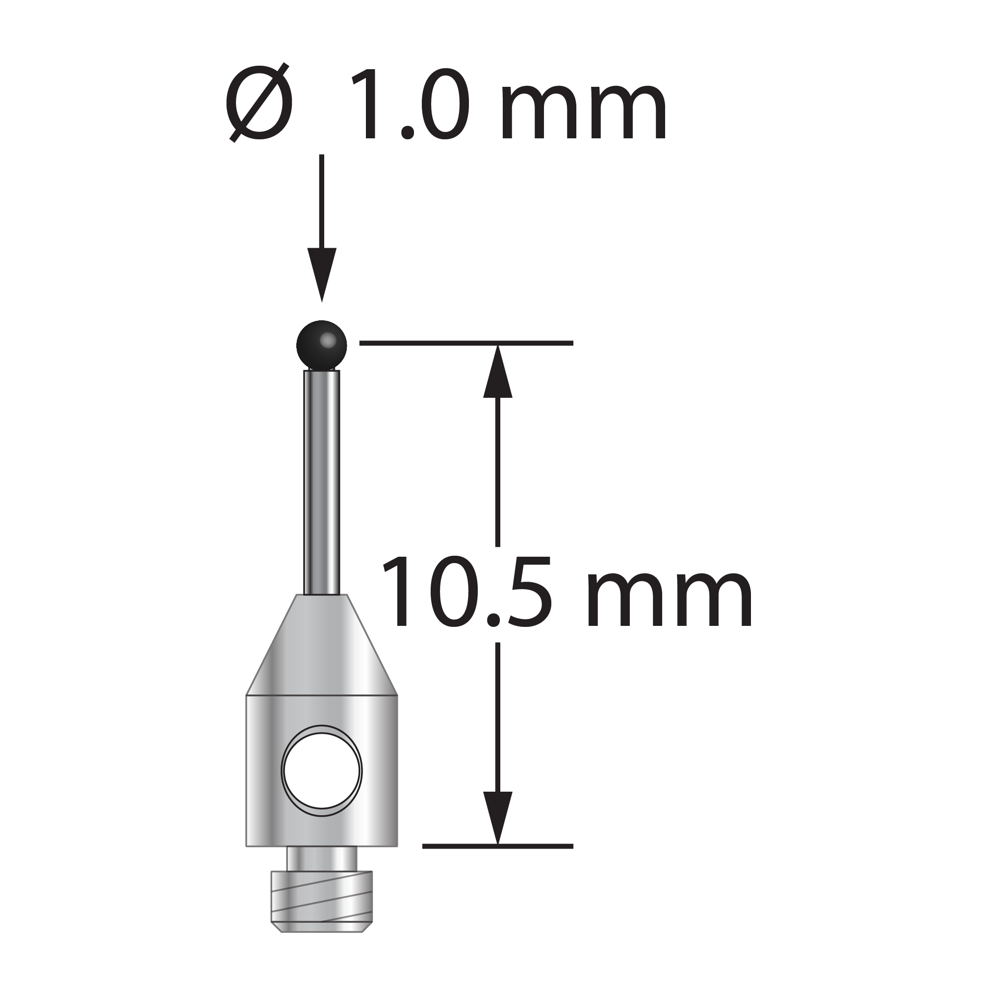 TM2-1010.5-DS.7-SN M2 stylus with 1.0mm silicon nitride ball, carbide stem, stainless steel base.