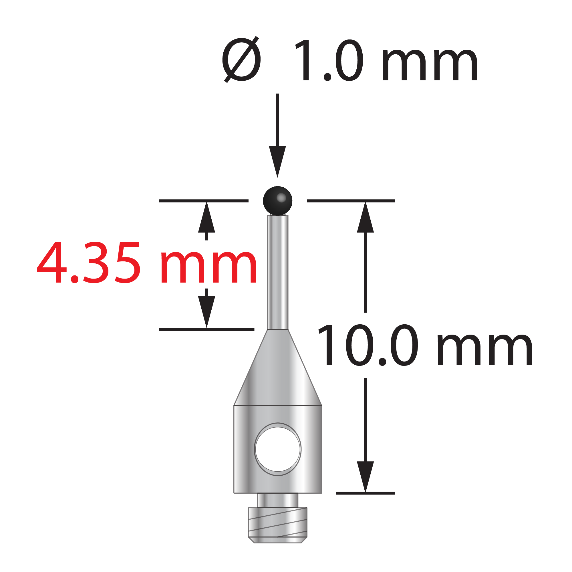 TM2-1010.5-S-SN M2 stylus with 1.0mm zirconia ball, carbide stem, and stainless steel base by Q-Mark Manufacturing, Inc.