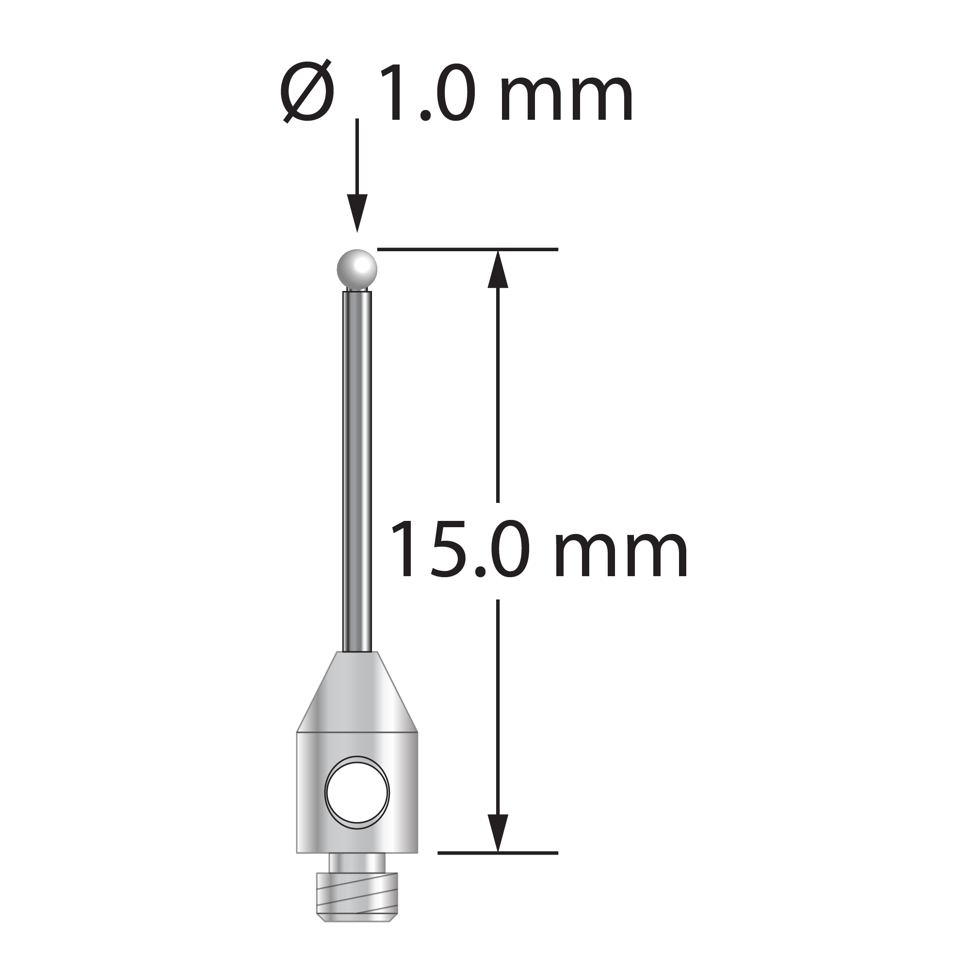 TM2-1015-DS.7-Z M2 stylus with 1.0mm zirconia ball, carbide shaft, and stainless steel base, 15.0mm long by Q-Mark Manufacturing, Inc.