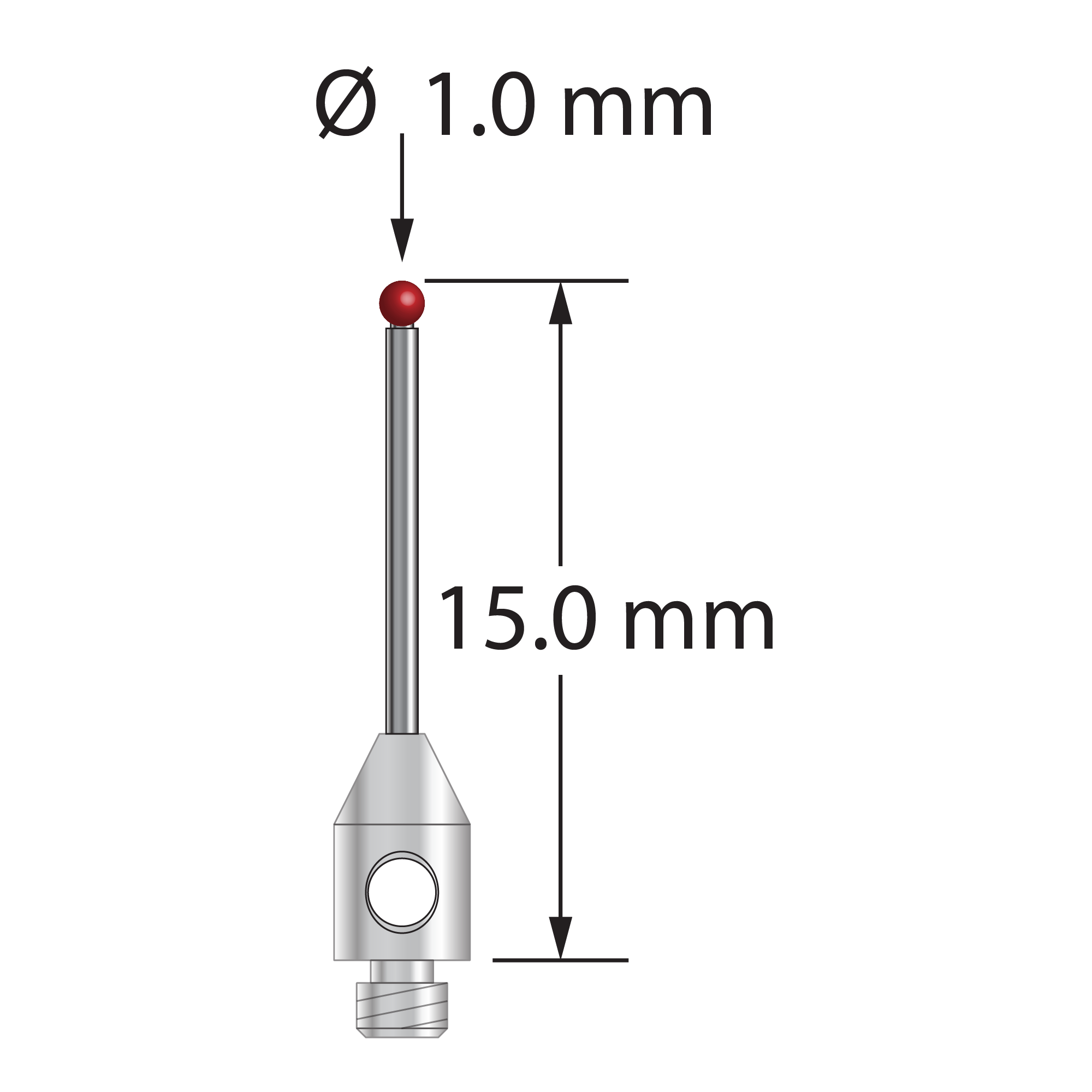 TM2-1015-DS.7 M2 stylus with 1.0mm ruby ball, carbide stem, and stainless steel base, 15.0mm long by Q-Mark Manufacturing, Inc.