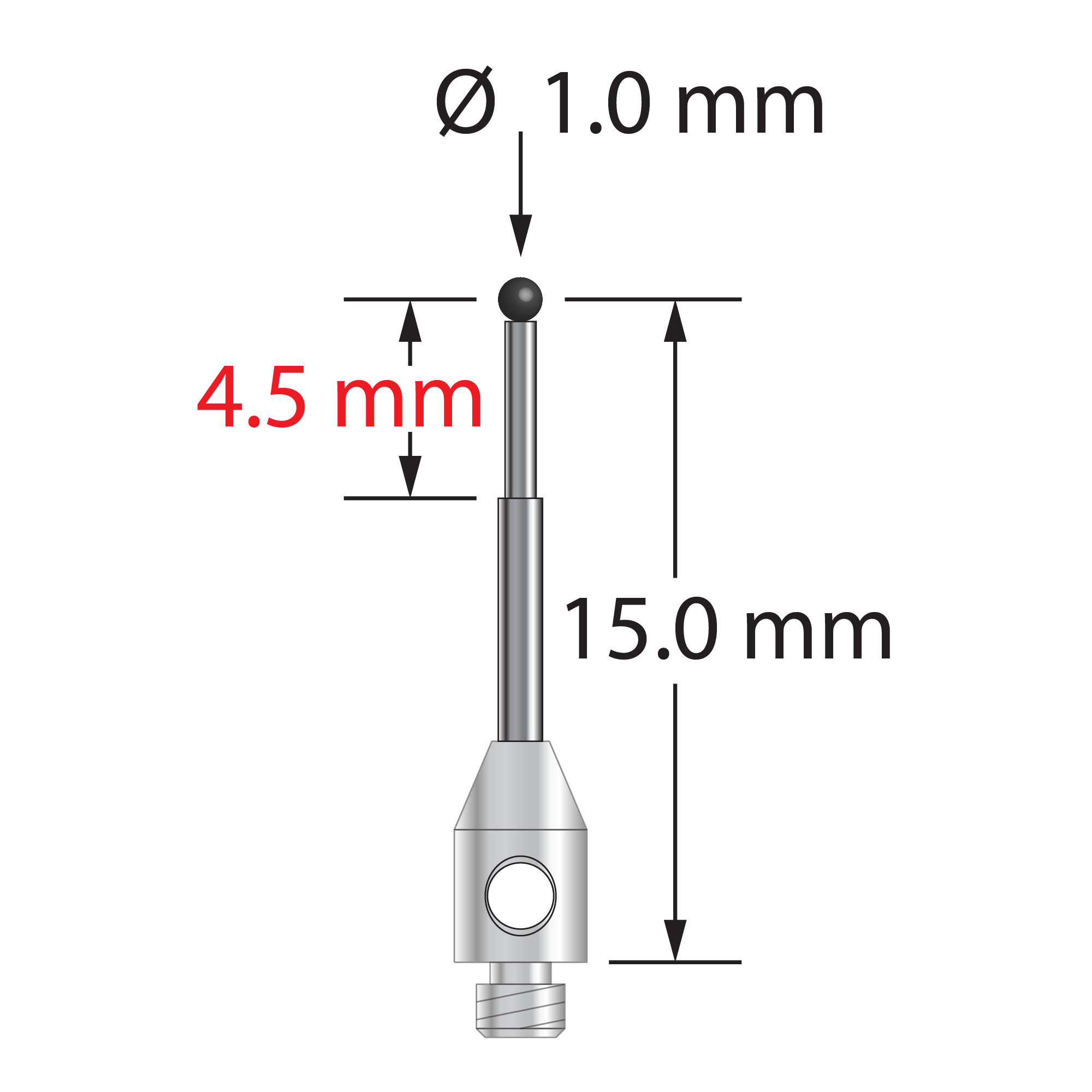 TM2-1015.5-SN M2 stylus with 1.0mm silicon nitride ball and stainless steel base, 15.0mm long.