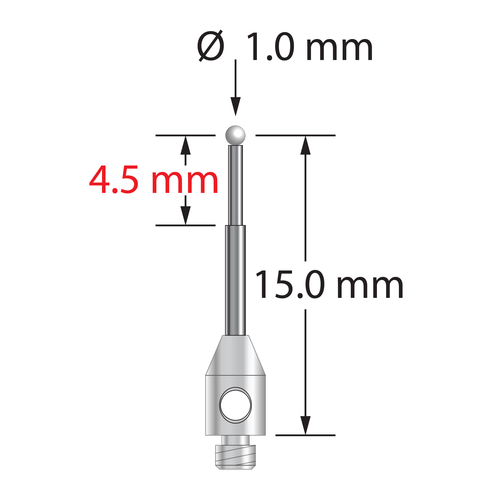TM2-1015.5-Z M2 stylus with 1.0mm zirconia ball, carbide stem, and stainless steel base.