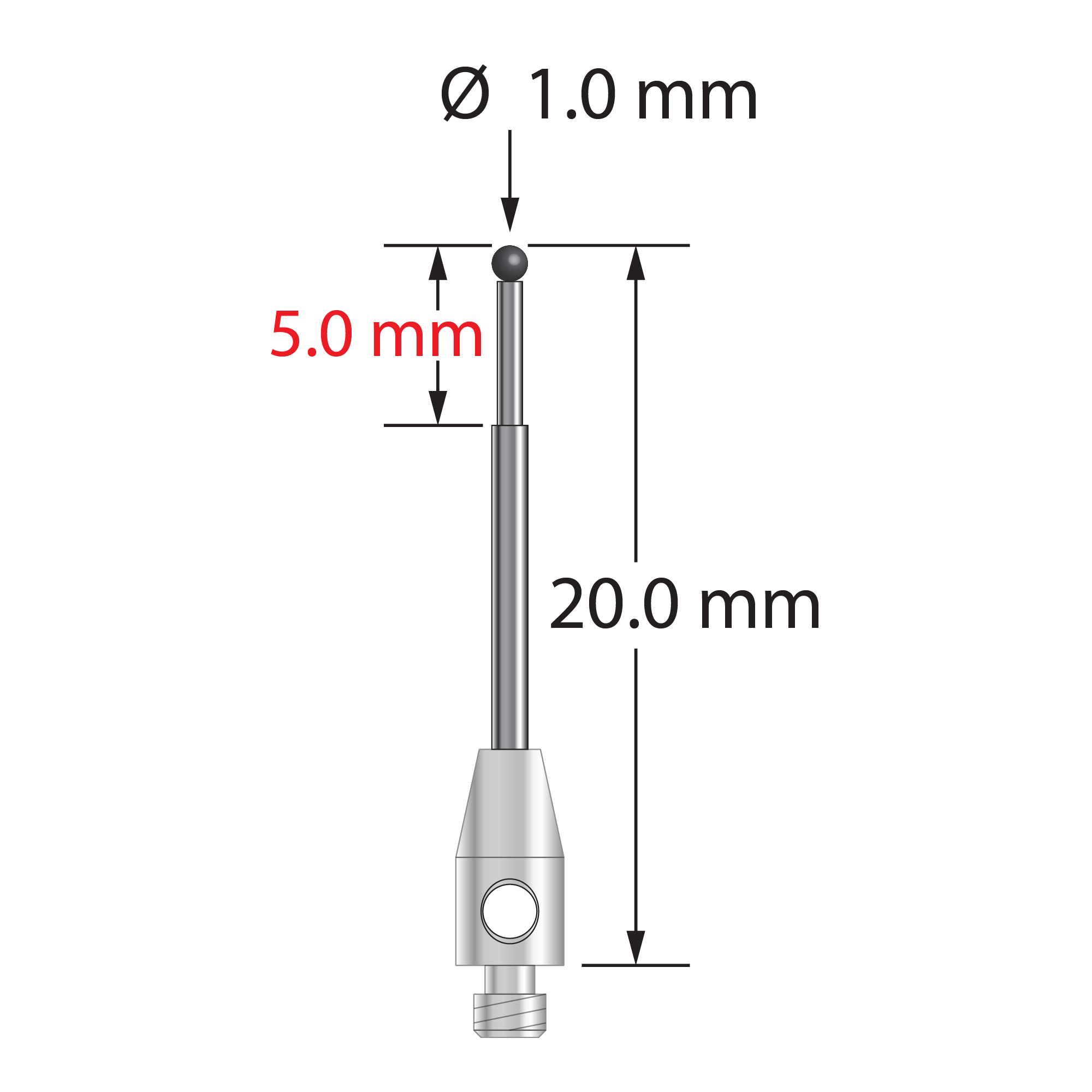 M2 stylus with 1.0 mm diameter silicon nitride ball, stepped carbide stem, and 3.0 mm diameter x 6.0 mm long stainless steel base. Major stem diameter is 1.0 mm, minor stem diameter is 0.8 mm. Overall stylus length is 20.0 mm. Stylus weight is 0.41 gram. Compare to Zeiss 626102-0045-020.