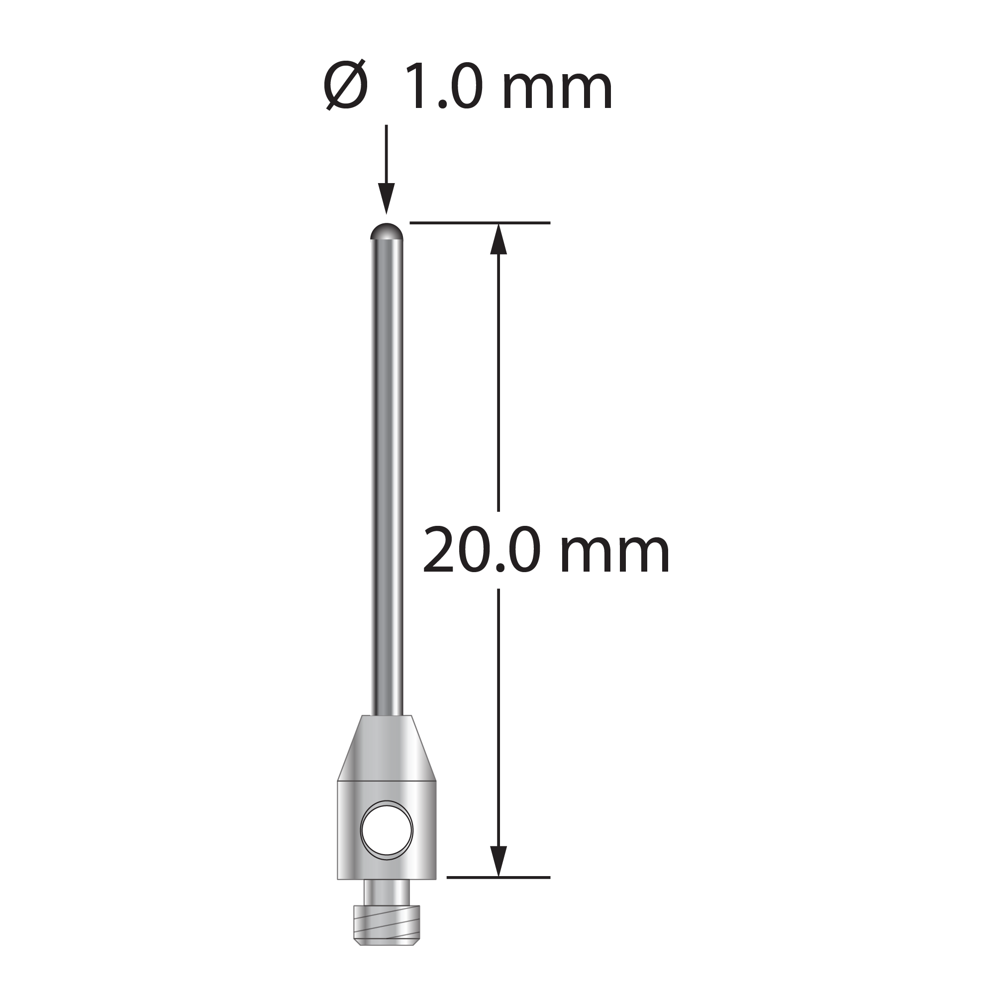 M2 stylus with 1.0 mm diameter carbide cylinder and 3.0 mm diameter x 5.0 mm long stainless steel base. &nbsp;Overall stylus length is 20.0 mm. &nbsp;Stylus weight is 0.39 gram.