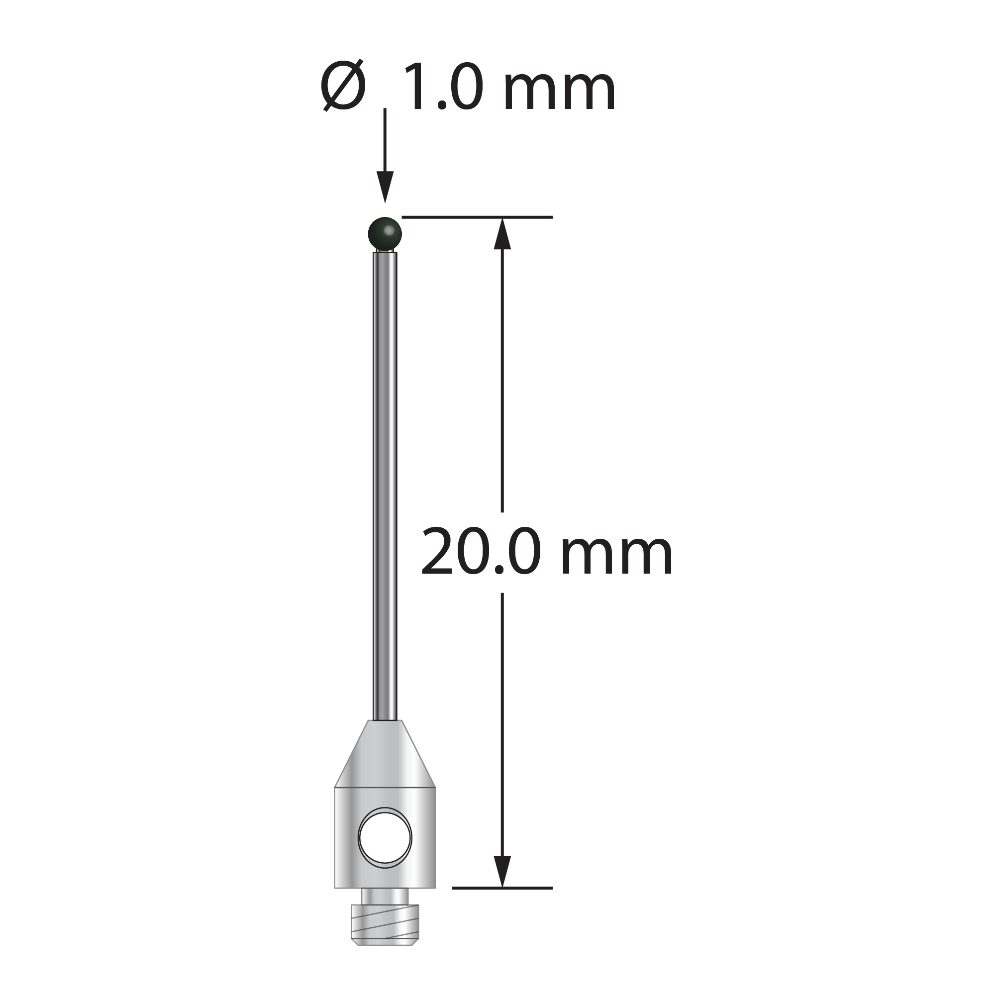 M2 stylus with 1.0 mm diameter silicon nitride ball, 0.7 mm diameter carbide stem, and 3.0 mm diameter x 5.0 mm long stainless steel base. Overall stylus length is 20.0 mm. Stylus weight is 0.32 gram.
