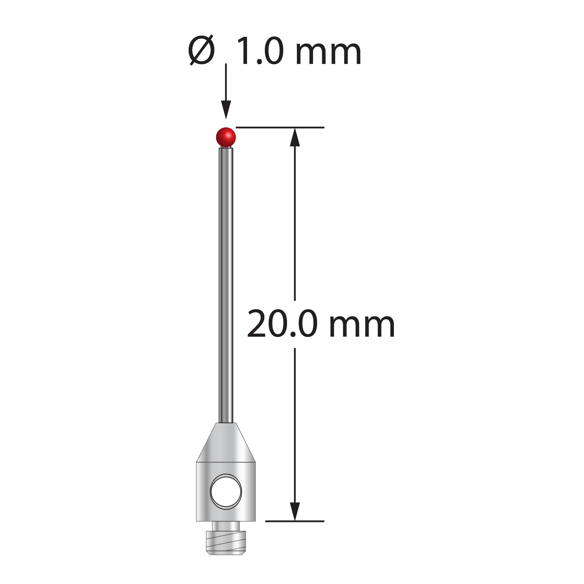 M2 stylus with 1.0 mm diameter ruby ball, 0.7 mm diameter carbide stem, and 3.0 mm diameter x 5.0 mm long stainless steel base. Overall stylus length is 20.0 mm. Stylus weight is 0.32 gram.