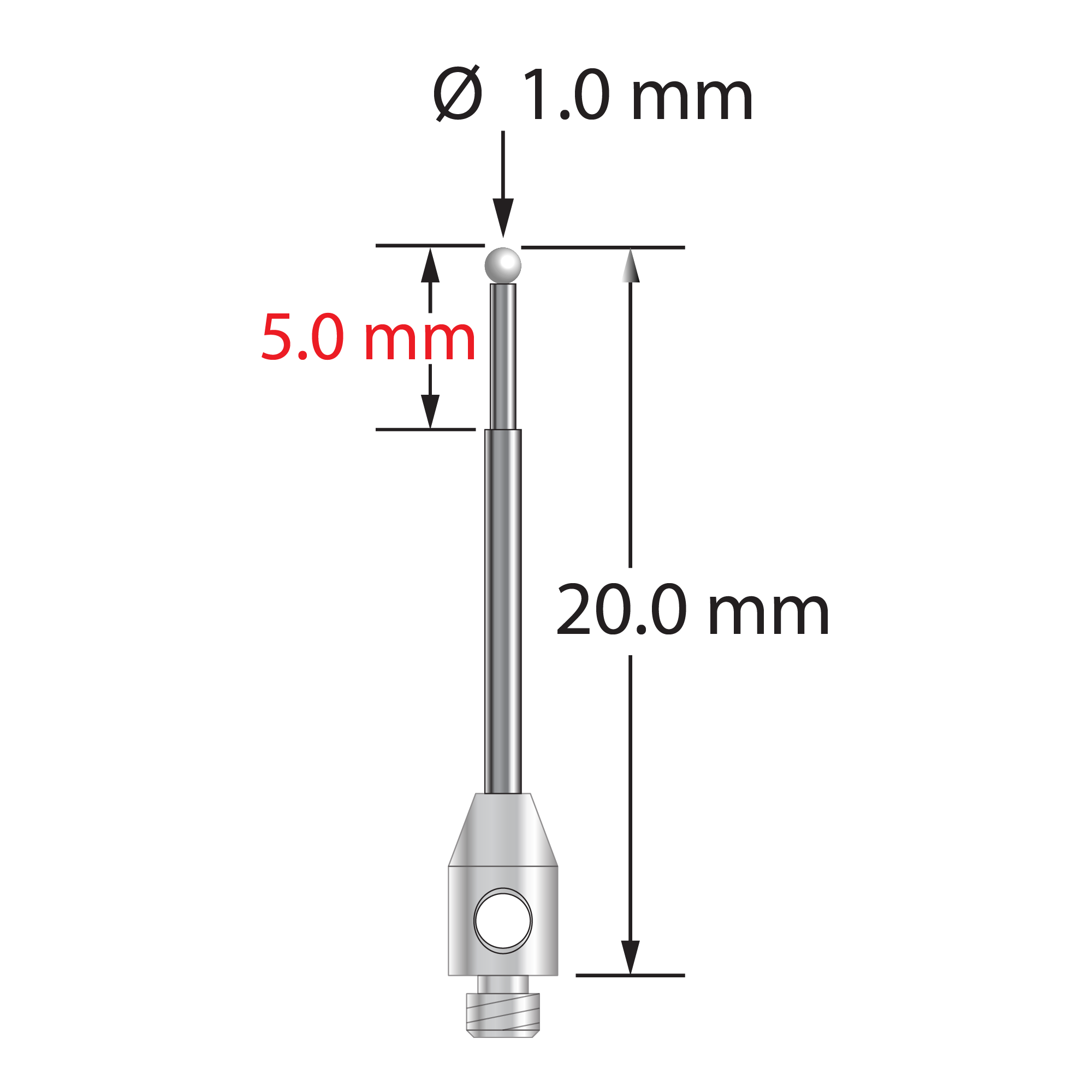 M2 stylus with 1.0 mm diameter zirconia ball, stepped carbide stem, and 3.0 mm diameter x 5.0 mm long stainless steel base. Major stem diameter is 1.0 mm, minor stem diameter is 0.7 mm. Overall stylus length is 20.0 mm. Stylus weight is 0.41 gram.