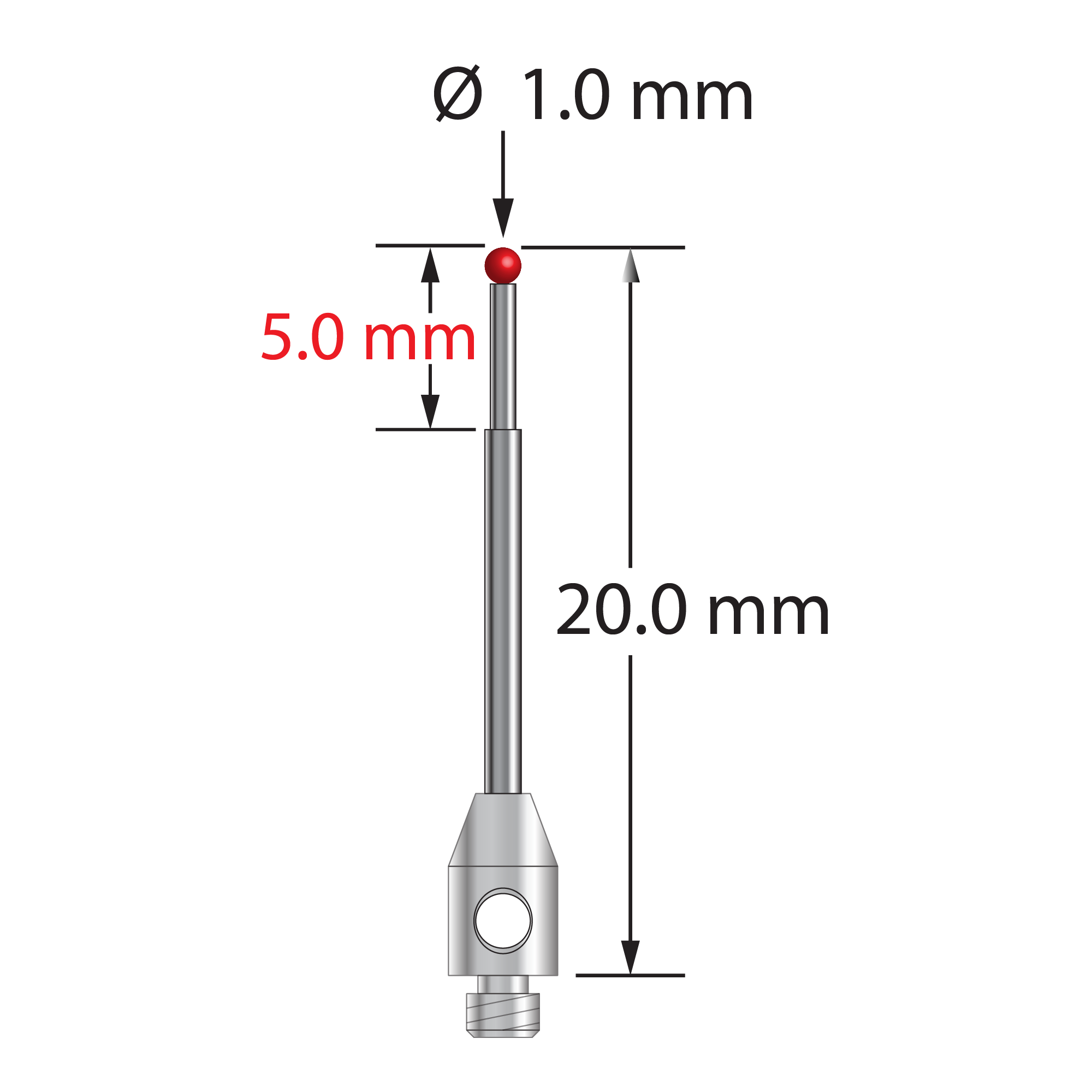 TM2-1020 M2 stylus, 1.0mm ruby ball, carbide stem, stainless steel base, 20.0mm long by Q-Mark Manufacturing, Inc.