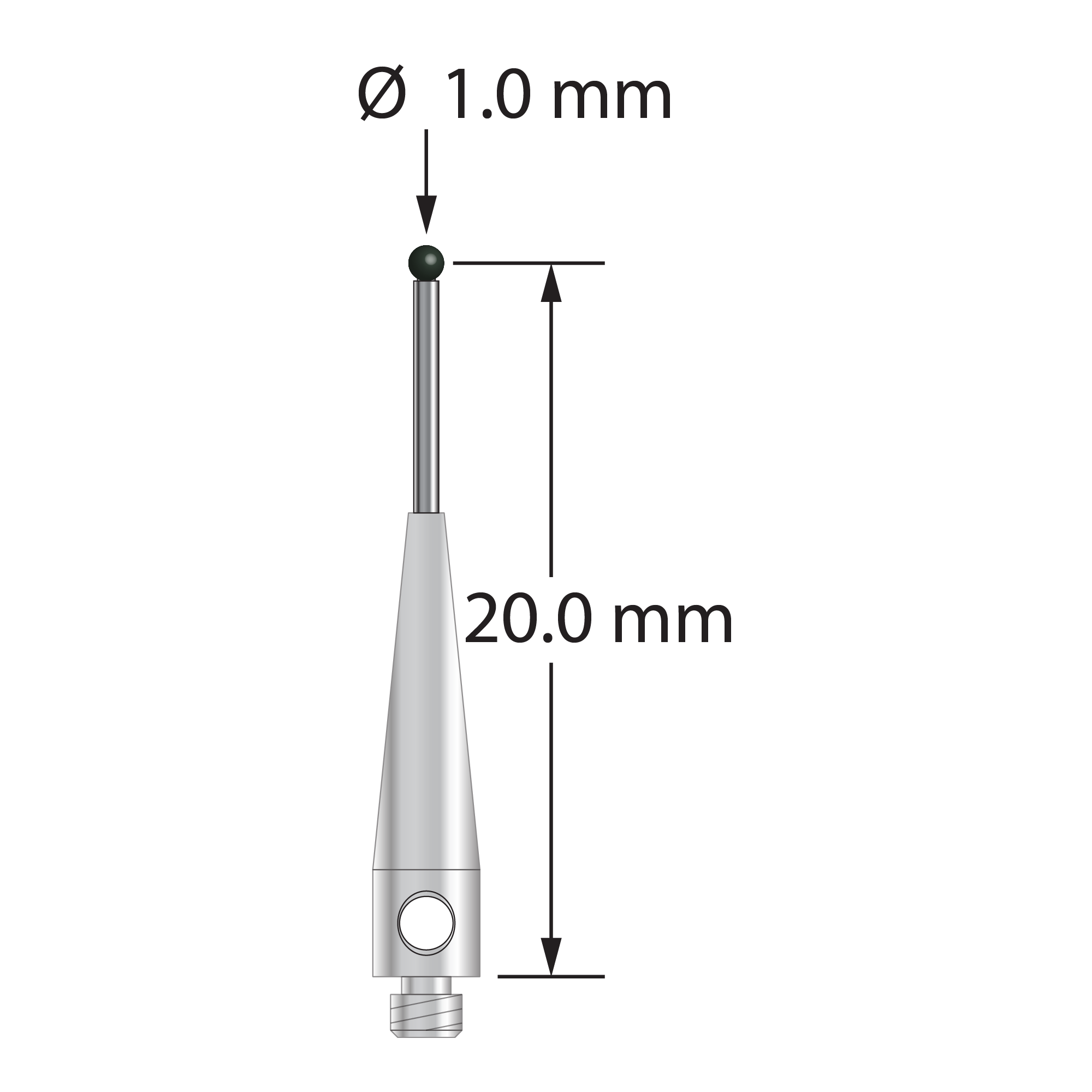 M2 stylus with 1.0 mm diameter silicon nitride ball, 0.7 mm diameter carbide stem, and 3.0 mm diameter x 13.0 mm long stainless steel base. Stylus length to ball center is 20.0 mm. Stylus weight is 0.51 gram.