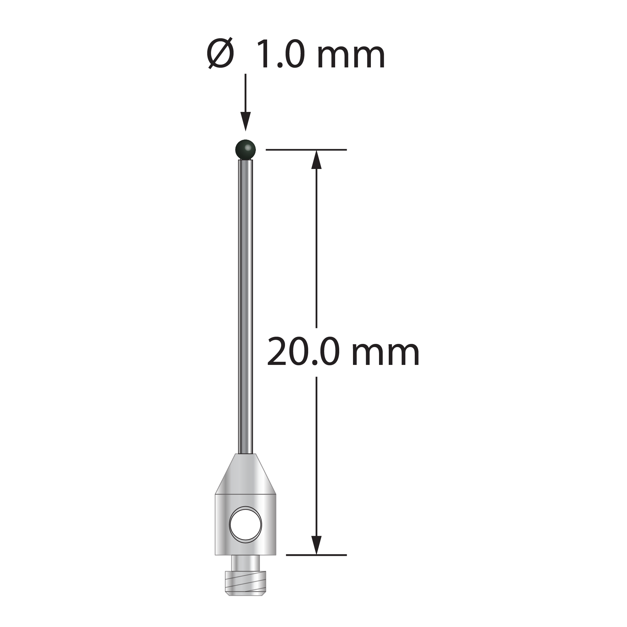 M2 stylus with 1.0 mm diameter silicon nitride ball, 0.7 mm diameter carbide stem, and 3.0 mm diameter x 5.0 mm long stainless steel base. Stylus length to ball center is 20.0 mm. Stylus weight is 0.32 gram.