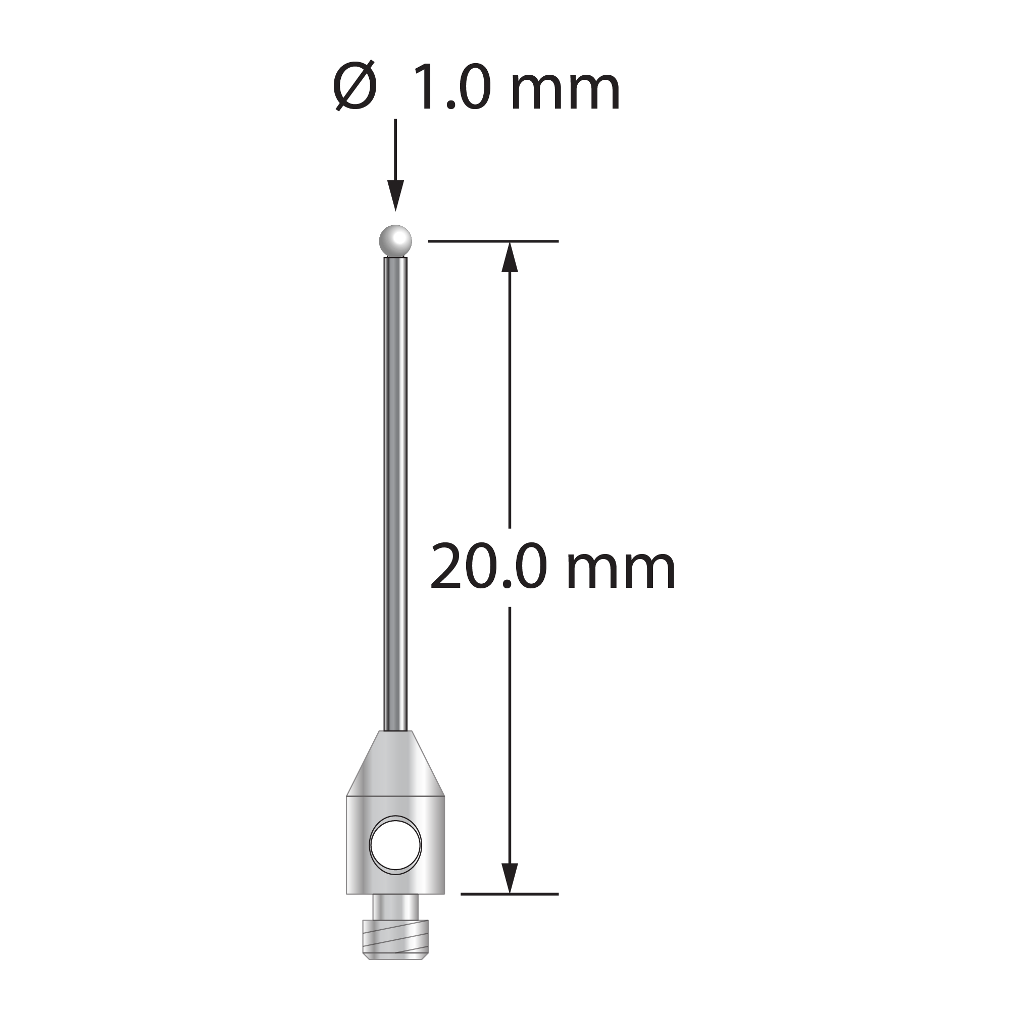 M2 stylus with 1.0 mm diameter zirconia ball, 0.7 mm diameter carbide shaft, and 3.0 mm diameter x 5.0 mm long stainless steel base. Stylus length to ball center is 20.0 mm. Stylus weight is 0.32 gram.