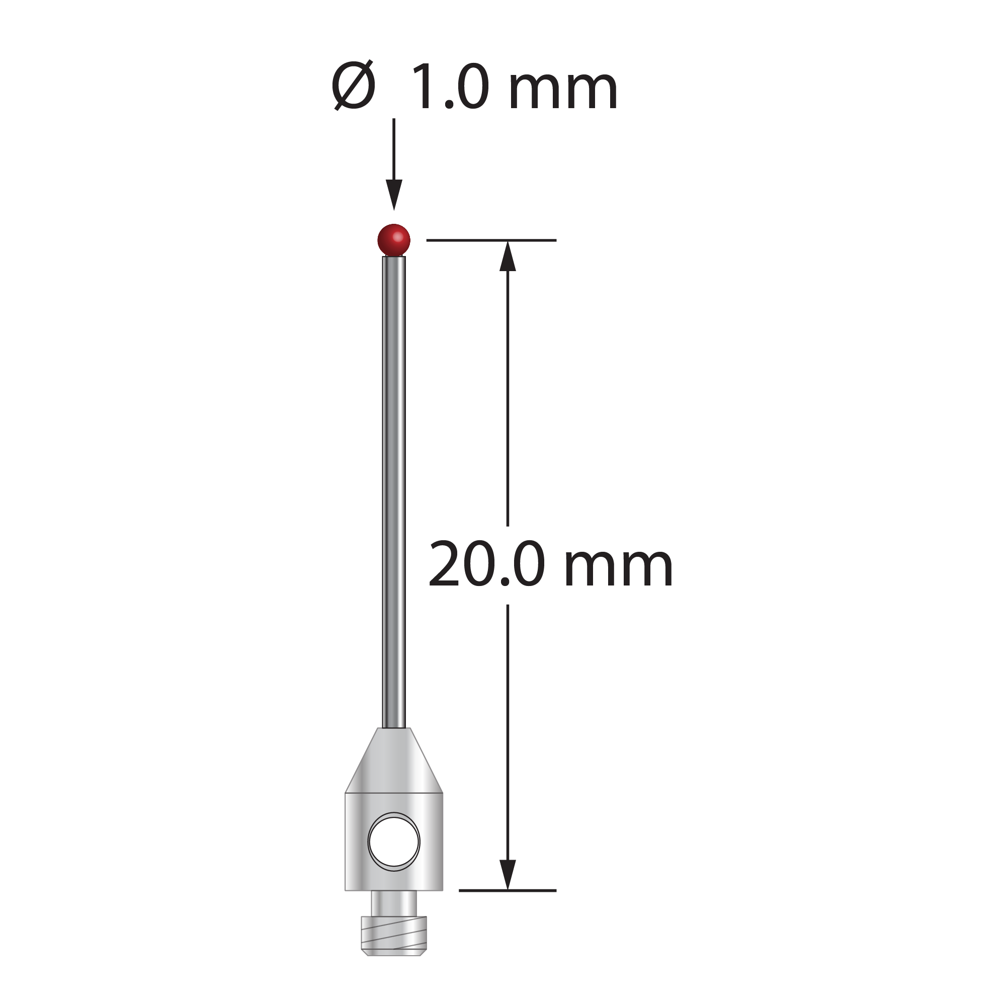 M2 stylus with 1.0 mm diameter ruby ball, 0.7 mm diameter carbide stem, and 3.0 mm diameter x 5.0 mm long stainless steel base. Stylus length to ball center is 20.0 mm. Stylus weight is 0.32 gram. Compare to Mitutoyo K651248.