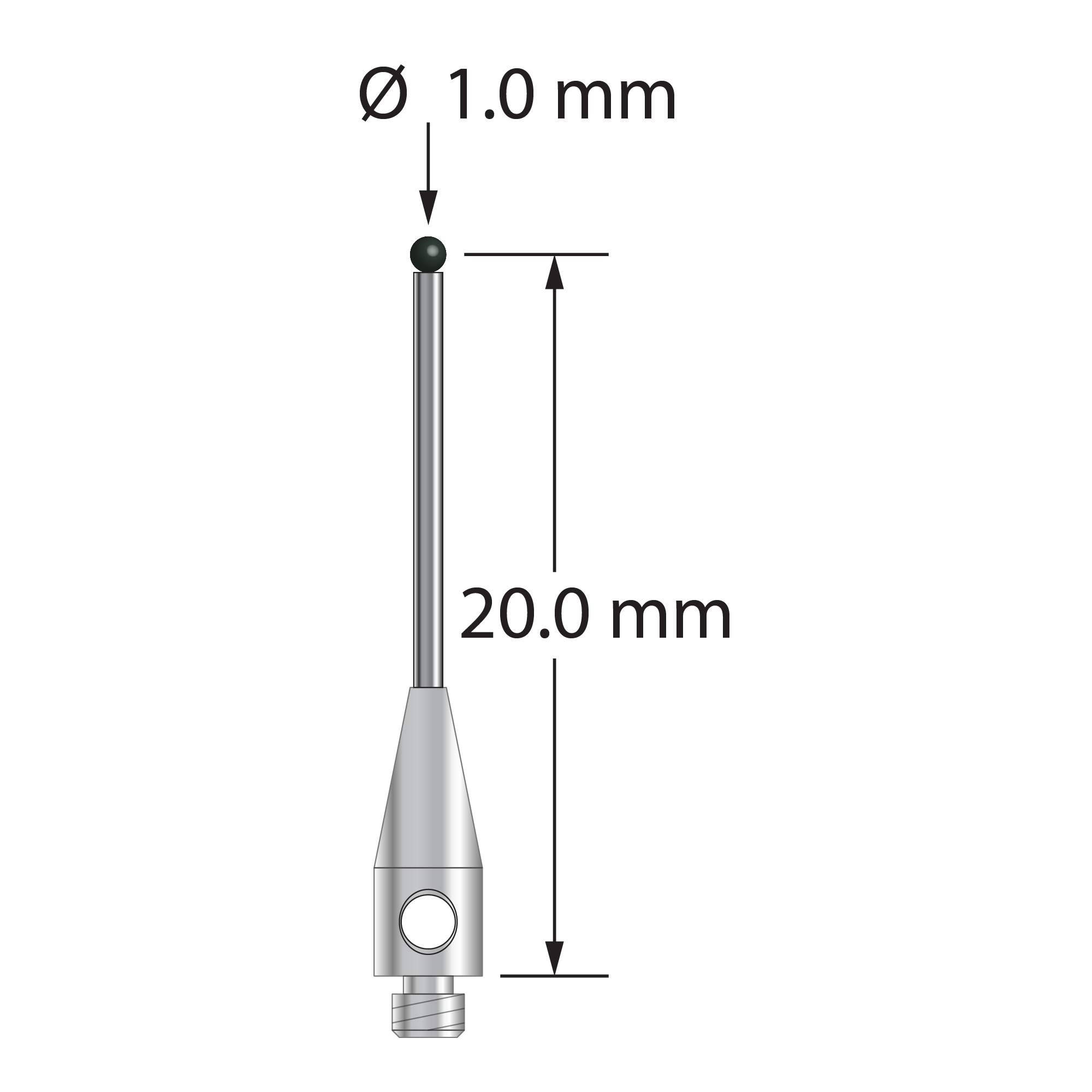 M2 stylus with 1.0 mm diameter silicon nitride ball, 0.8 mm diameter carbide stem and 3.0 mm diameter x 8.0 mm long stainless steel base. Stylus length to ball center is 20.0 mm. Stylus weight is 0.42 gram.