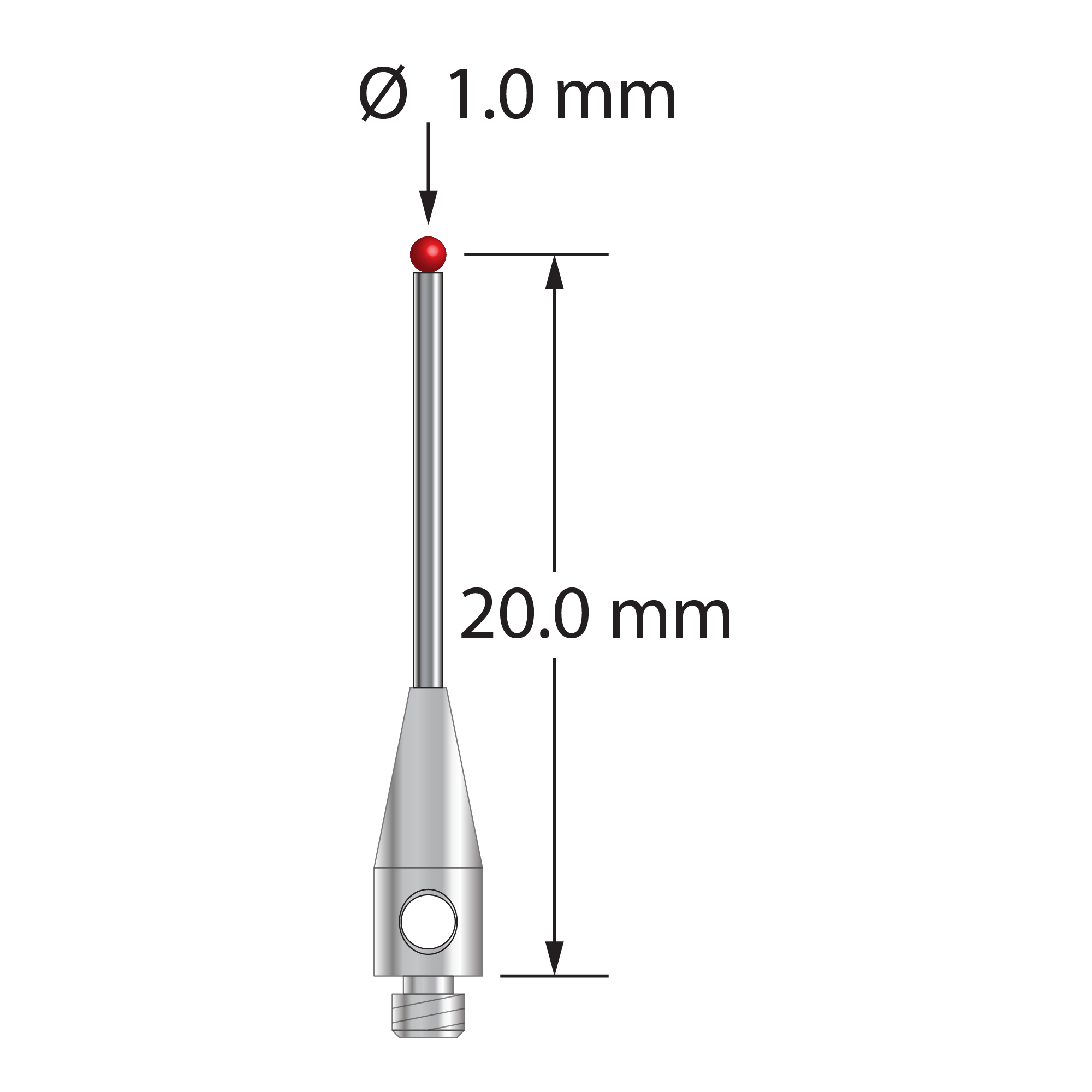 M2 stylus with 1.0 mm diameter ruby ball, 0.8 mm diameter carbide stem, and 3.0 mm diameter x 8.0 mm long stainless steel base. Stylus length to ball center is 20.0 mm. Stylus weight is 0.42 gram. Compare to Renishaw A-5003-0033 and Mitutoyo K651249.