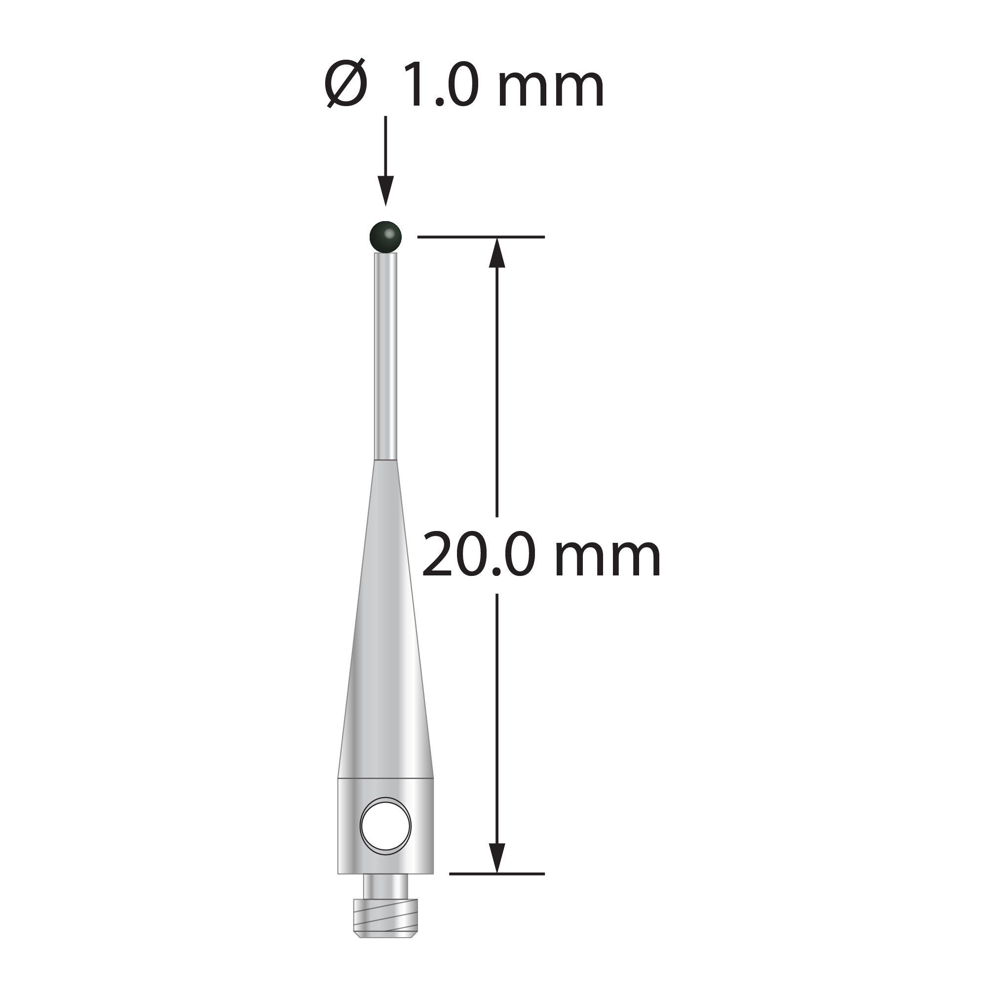 M2 stylus with 1.0 mm diameter silicon nitride ball, 0.7 mm diameter stainless steel stem, and 3.0 mm diameter x 13.0 mm long stainless steel base. Stem diameter is 0.7 mm. Stylus length to ball center is 20.0 mm. Stylus weight is 0.42 gram.