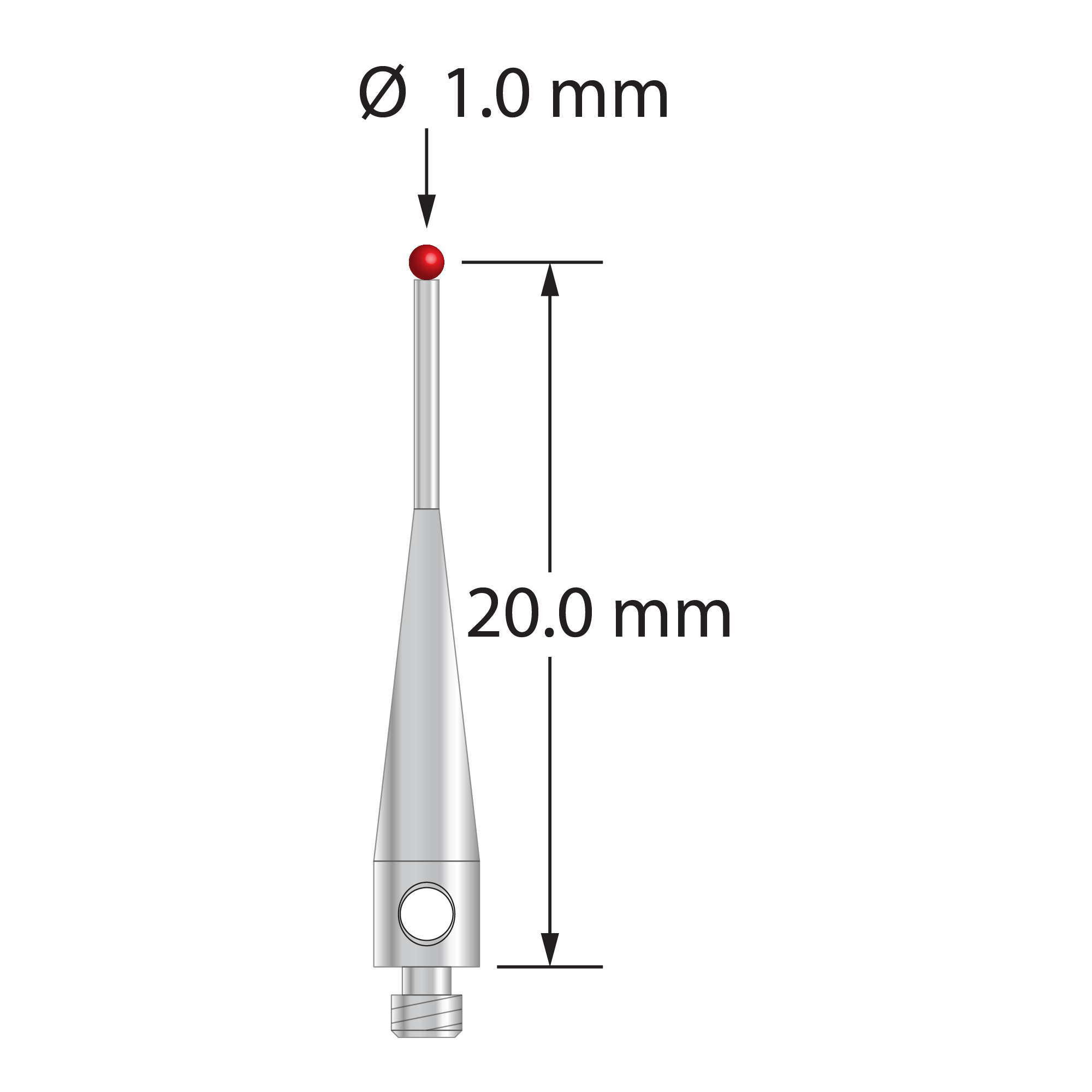 M2 stylus with 1.0 mm diameter ruby ball, 0.7 mm diameter stainless steel stem, and 3.0 mm diameter x 13.0 mm long stainless steel base. Stylus length to ball center is 20.0 mm. Stylus weight is 0.42 gram. Compare to Carbide Probes 266-1R.