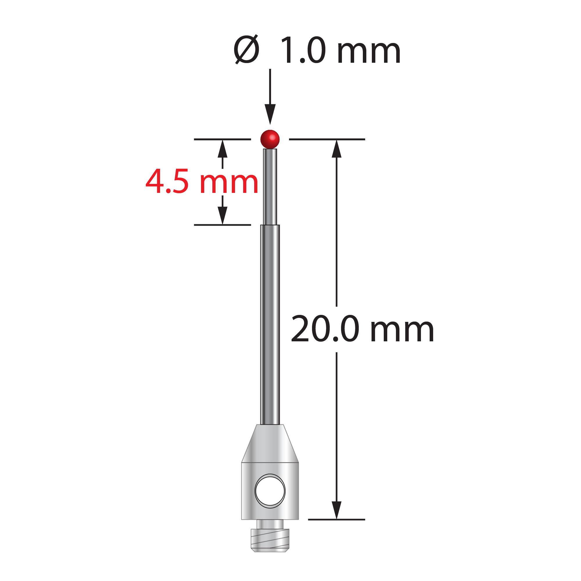 M2 stylus with 1.0 mm diameter ruby ball, stepped carbide stem, and 3.0 mm diameter x 5.0 mm long stainless steel base. Stylus length to ball center is 20.0 mm. Stylus weight is 0.33 gram.