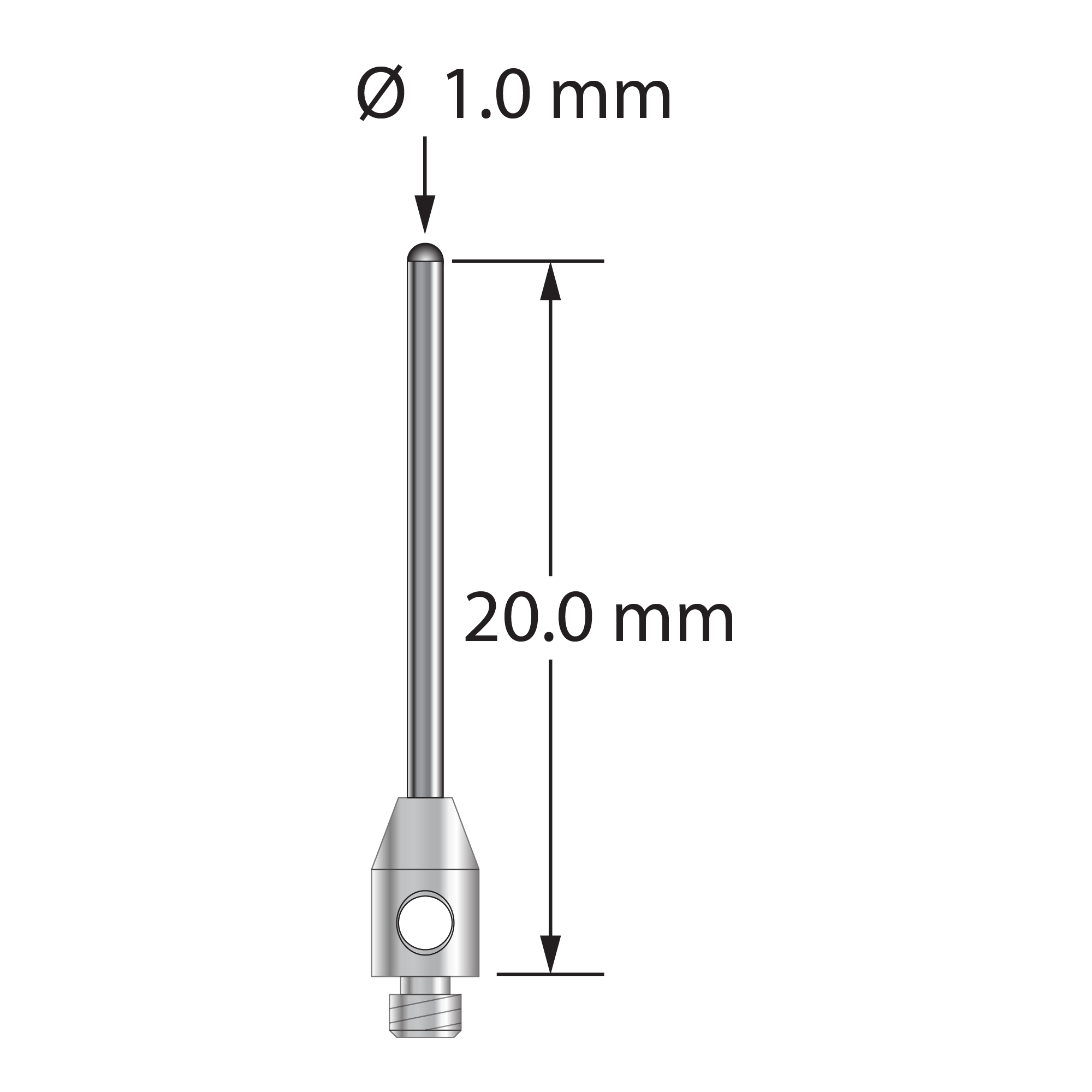 TM2-1020.5-BC M2 stylus with 1.0mm carbide cylinder and stainless steel base, 20.0mm long.