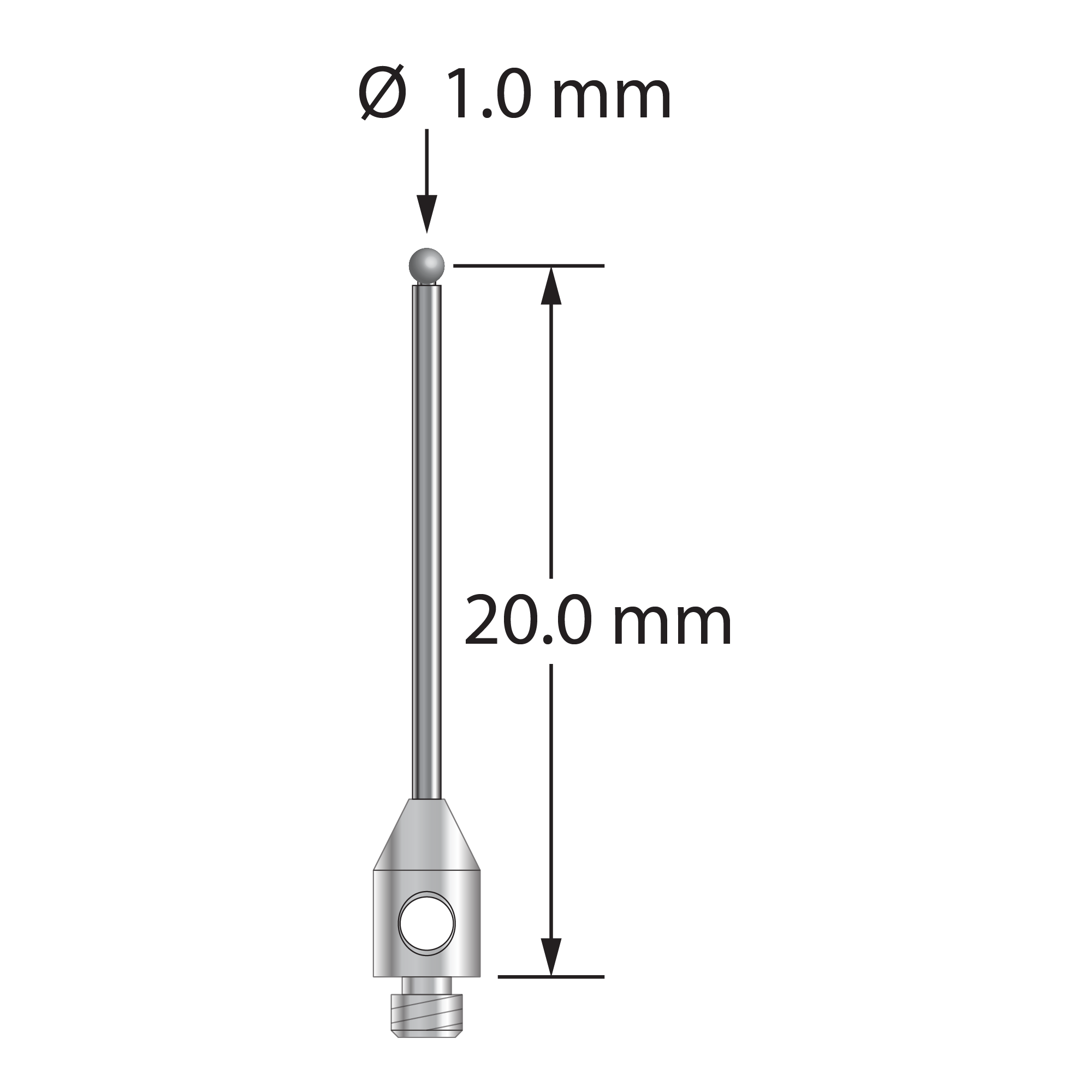 TM2-1020.5-DS.8-D M2 stylus with 1.0mm solid diamond sphere, carbide stem, stainless steel base.