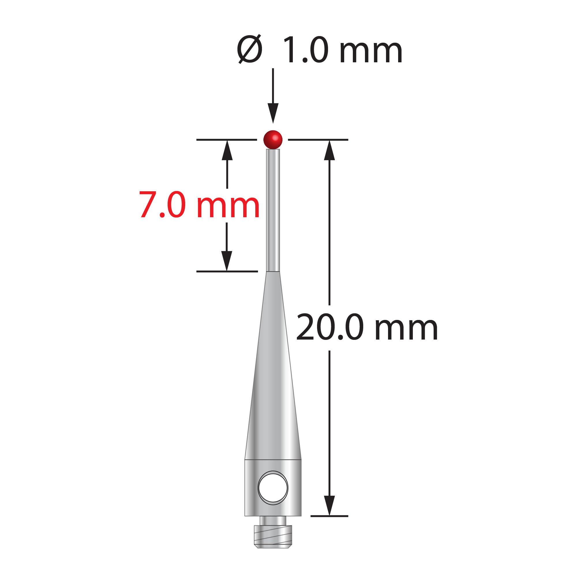 TM2-1020.5-S M2 stylus with 1.0mm ruby ball, stainless steel stem, and base, 20mm long.