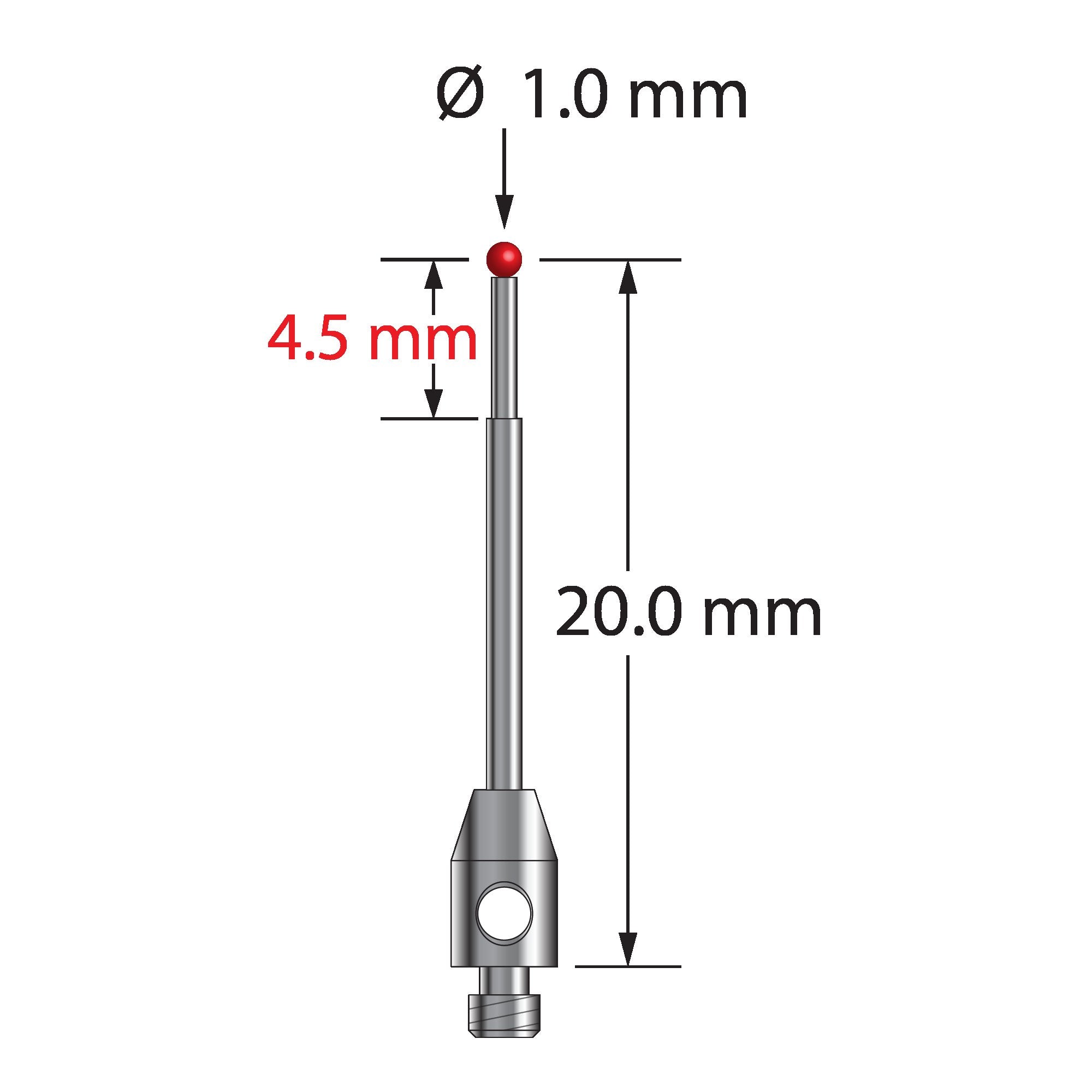 TM2-1020.5 M2 stylus with 1.0mm ruby ball, carbide stem, and stainless steel base, 20mm long.