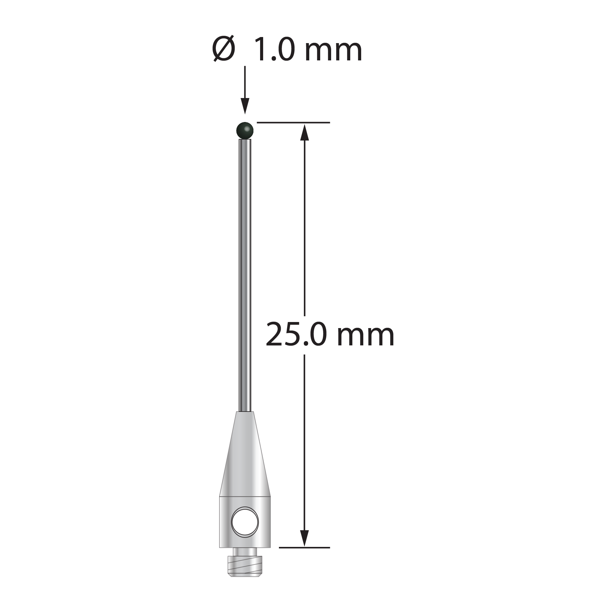 M2 stylus with 1.0 mm diameter silicon nitride ball, 0.7 mm diameter carbide shaft, and 3.0 mm diameter x 8.0 mm long stainless steel base. Overall stylus length is 25.0 mm. Stylus weight is 0.40 gram.
