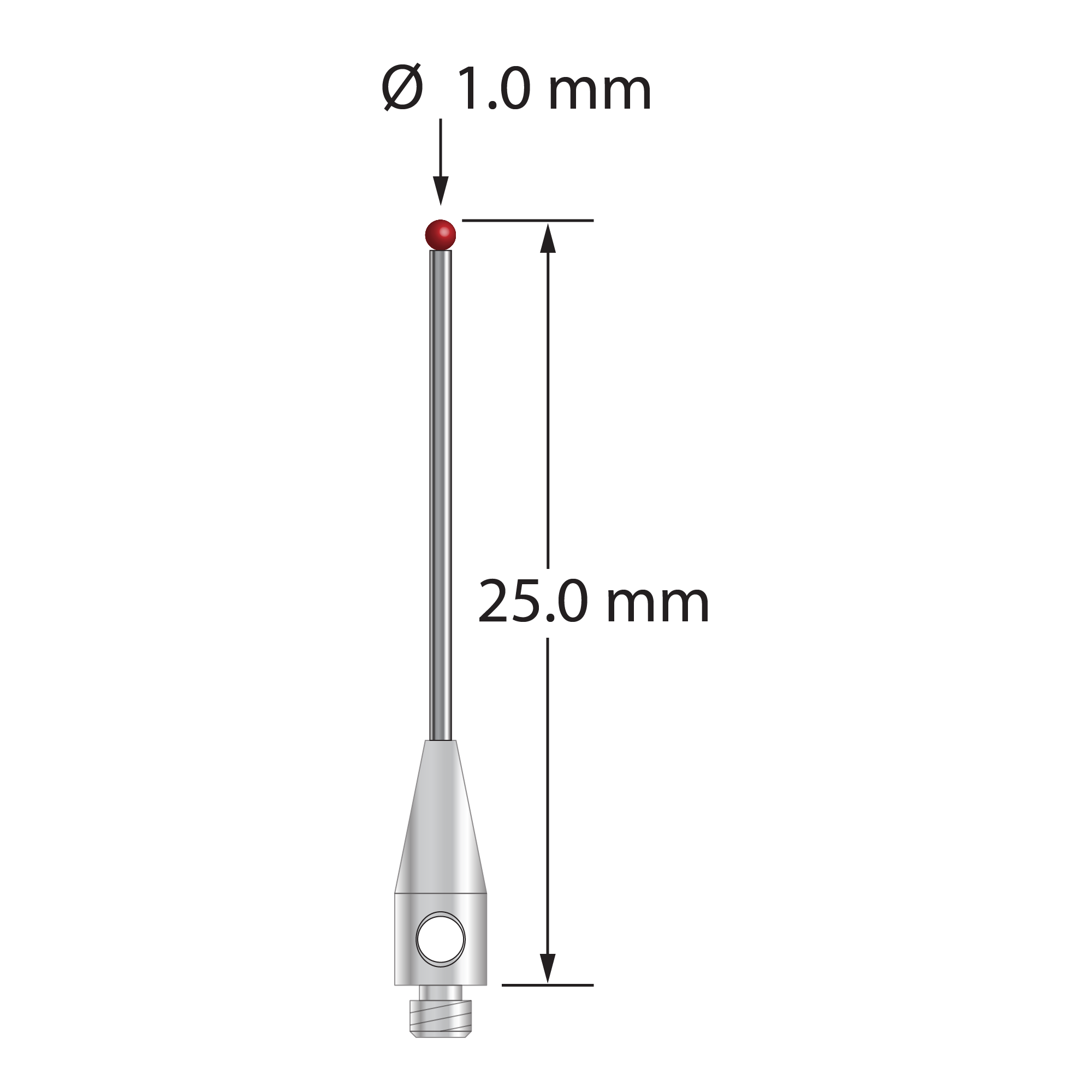 M2 stylus with 1.0 mm diameter ruby ball, 0.7 mm diameter carbide stem, and 3.0 mm diameter x 8.0 mm long stainless steel base. Overall stylus length is 25.0 mm. Stylus weight is 0.40 gram.