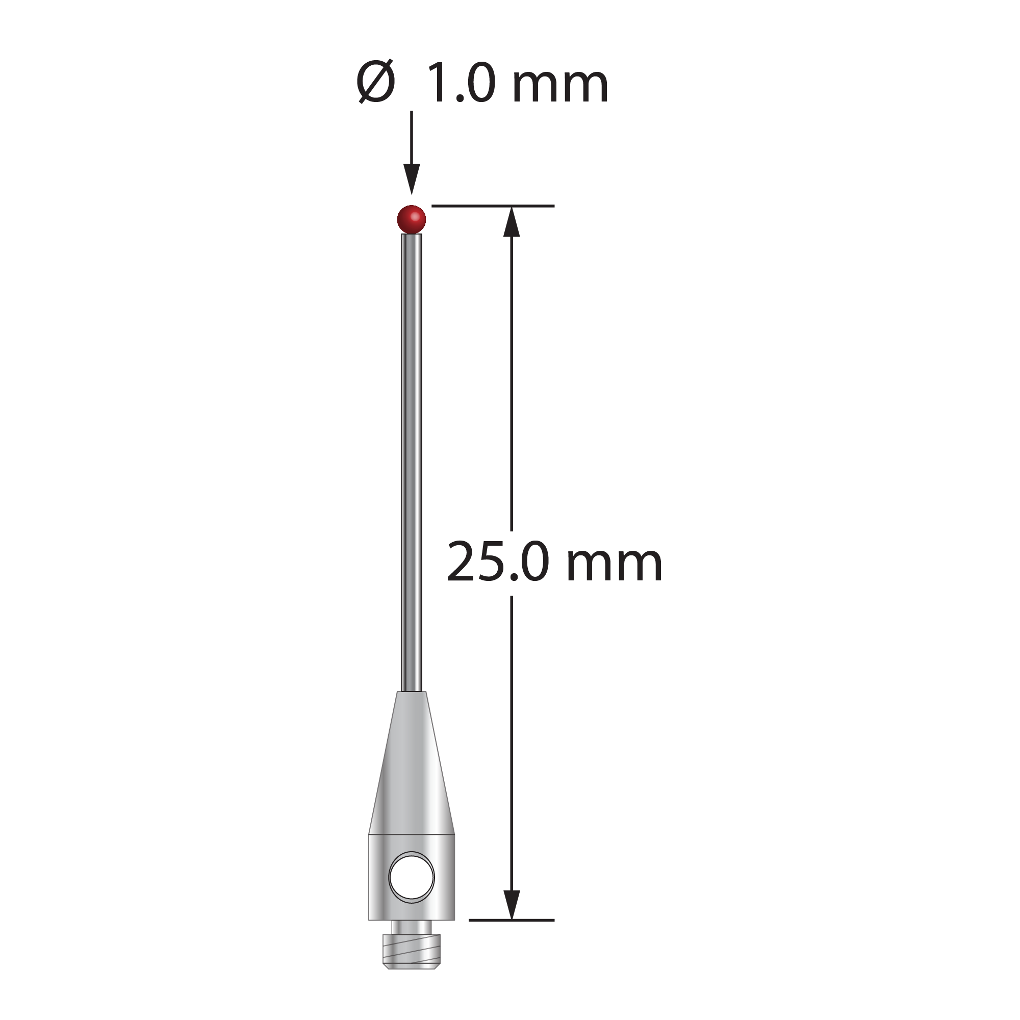 TM2-1025-DS.7 M2 stylus with 1.0mm ruby ball, carbide stem, and stainless steel base, 25.0mm long by Q-Mark Manufacturing, Inc.