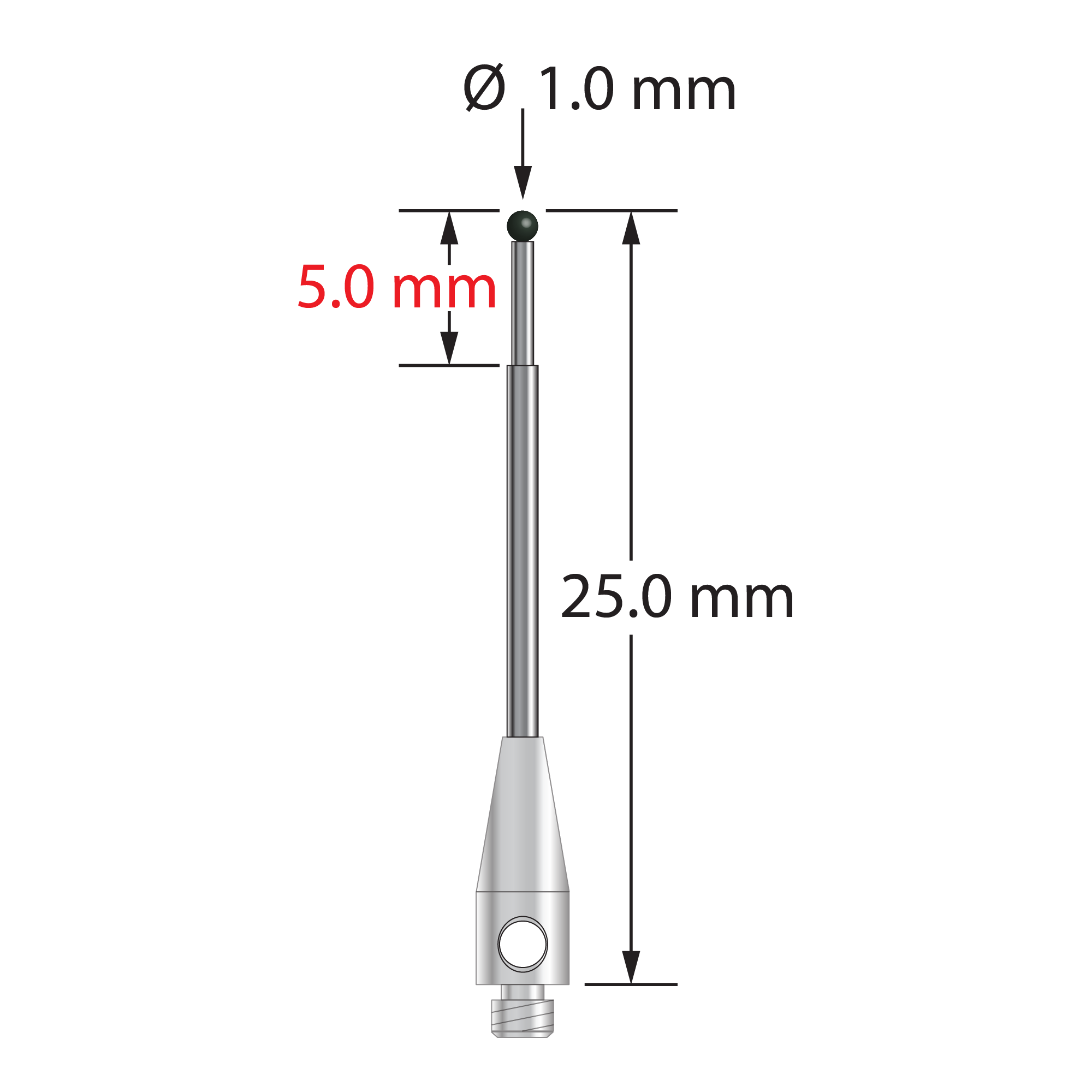 M2 stylus with 1.0 mm diameter silicon nitride ball, stepped carbide stem, and 3.0 mm diameter x 8.0 mm long stainless steel base. Minor stem diameter is 0.7 mm, major diameter is 1.0 mm. Overall stylus length is 25.0 mm. Stylus weight is 0.47 gram.