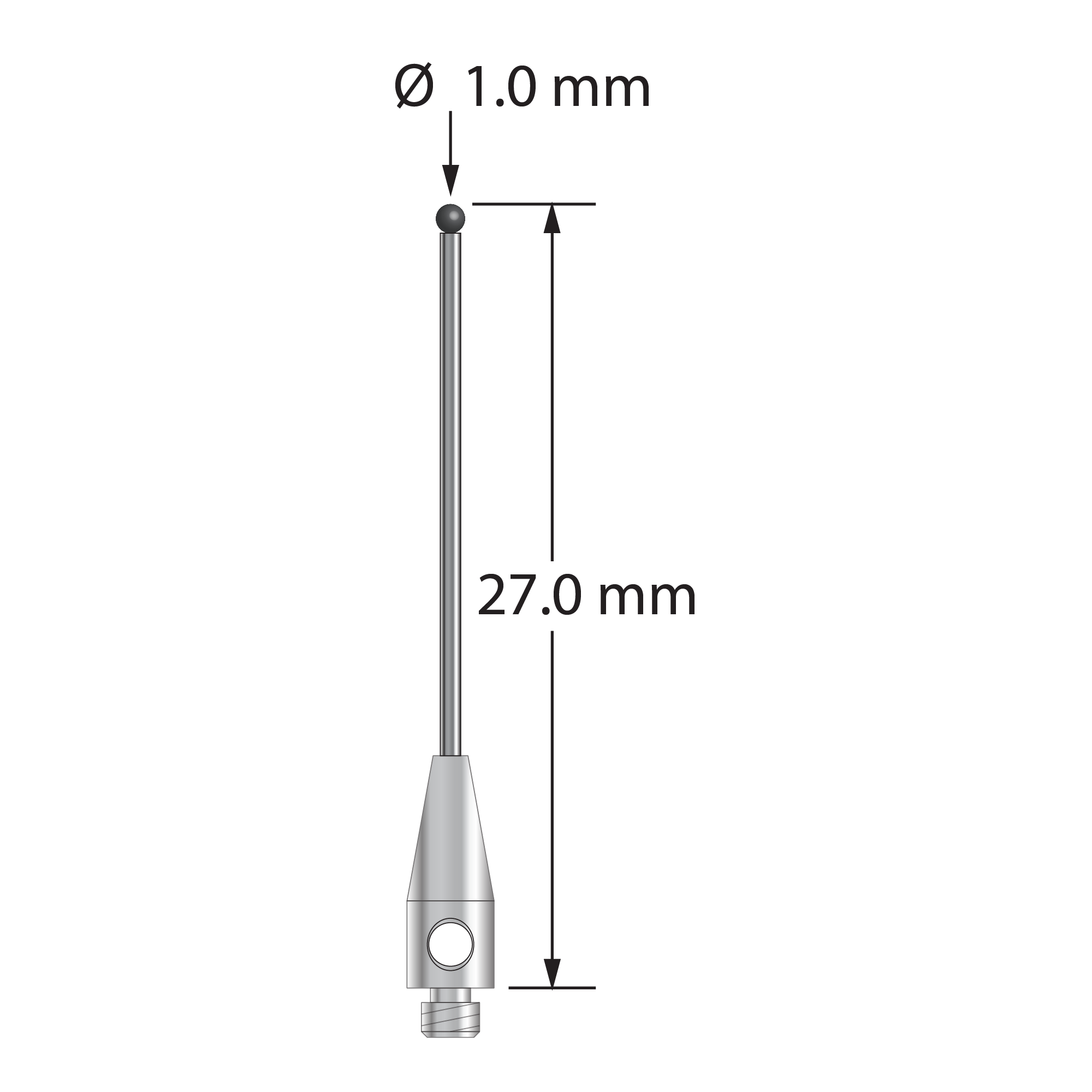 TM2-1027-07-SN M2 stylus with 1.0mm silicon nitride ball, carbide stem, and stainless steel base, 27.0mm long by Q-Mark Manufacturing, Inc.
