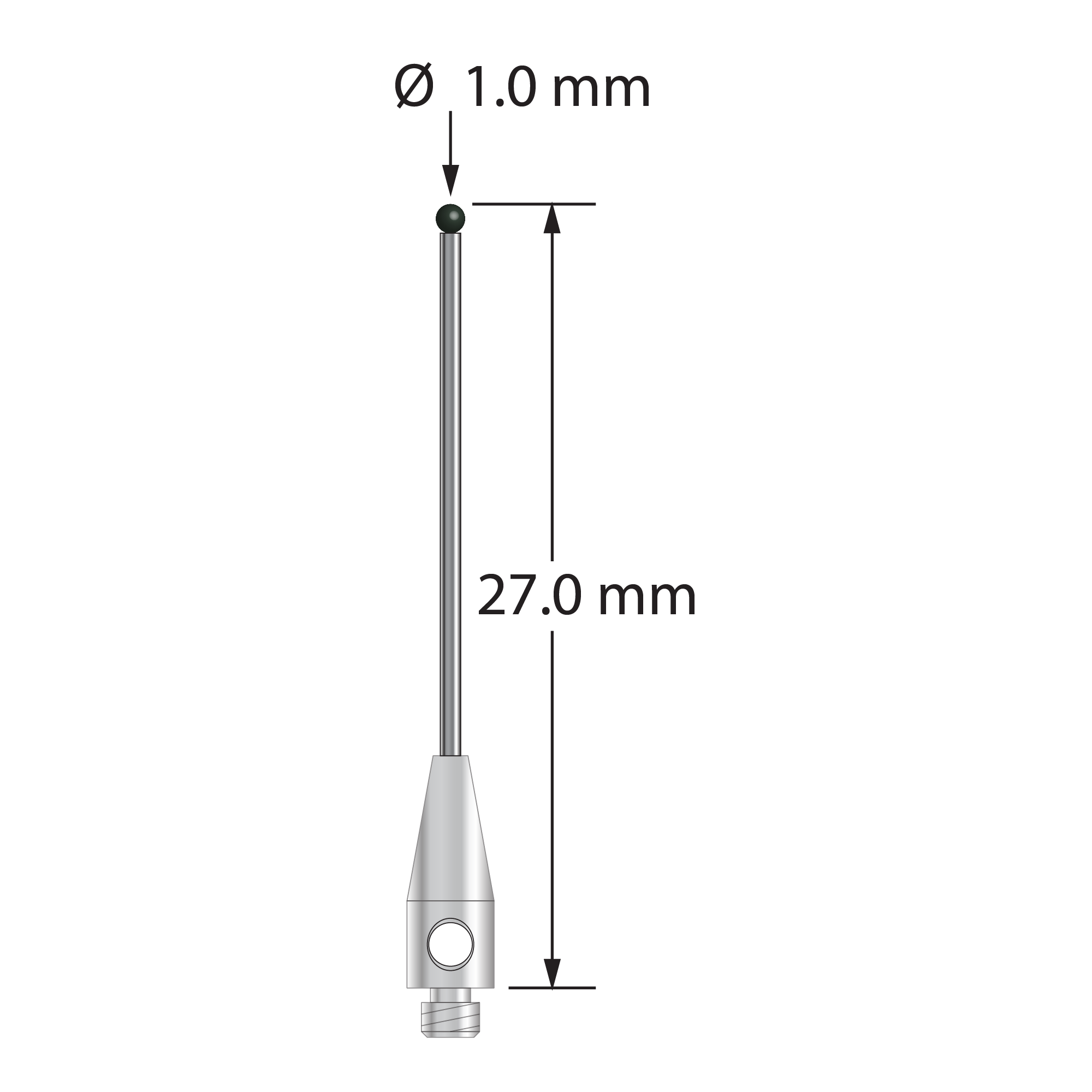 M2 stylus with 1.0 mm diameter silicon nitride ball, 0.7 mm diameter carbide stem, and 3.0 mm diameter x 8.0 mm long stainless steel base. Overall stylus length is 27.0 mm. Stylus weight is 0.43 gram.