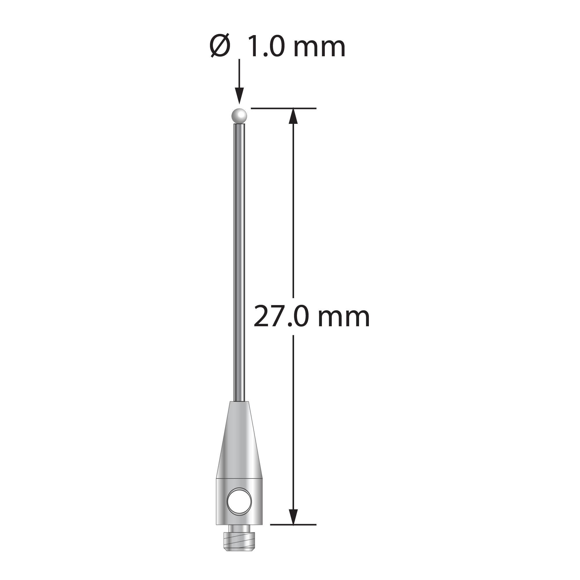 TM2-1027-07-Z M2 stylus with 1.0mm zirconia ball, carbide stem, and stainless steel base, 27.0mm long by Q-Mark Manufacturing, Inc.