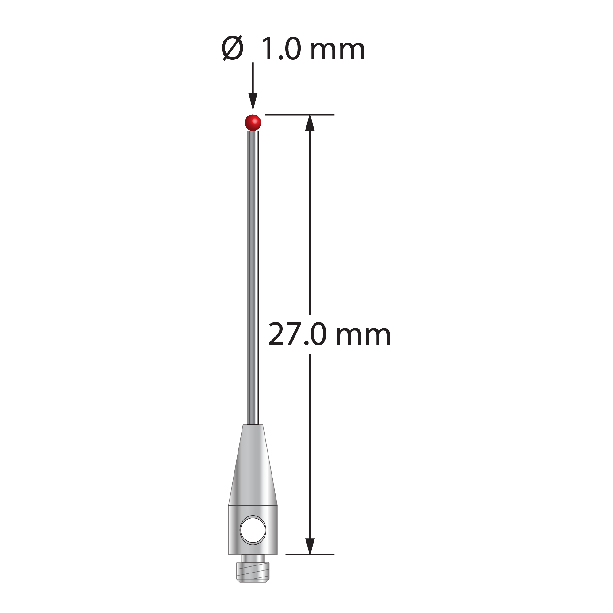 TM2-1027-07 M2 stylus with 1.0mm ruby ball, carbide stem, and stainless steel base, 27.0mm long by Q-Mark Manufacturing, Inc.
