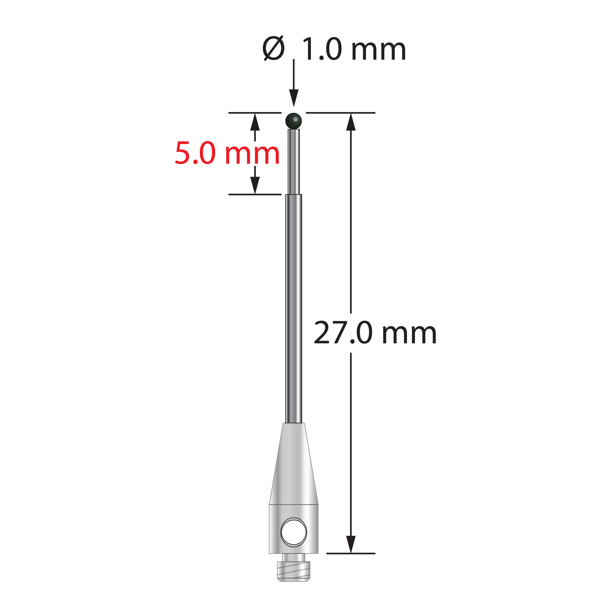 M2 stylus with 1.0 mm diameter silicon nitride ball, stepped carbide stem, and 3.0 mm diameter x 8.0 mm long stainless steel base. Minor stem diameter is 0.7 mm, major stem diameter is 1.0 mm. Overall stylus length is 27.0 mm. Stylus weight is 0.49 gram.