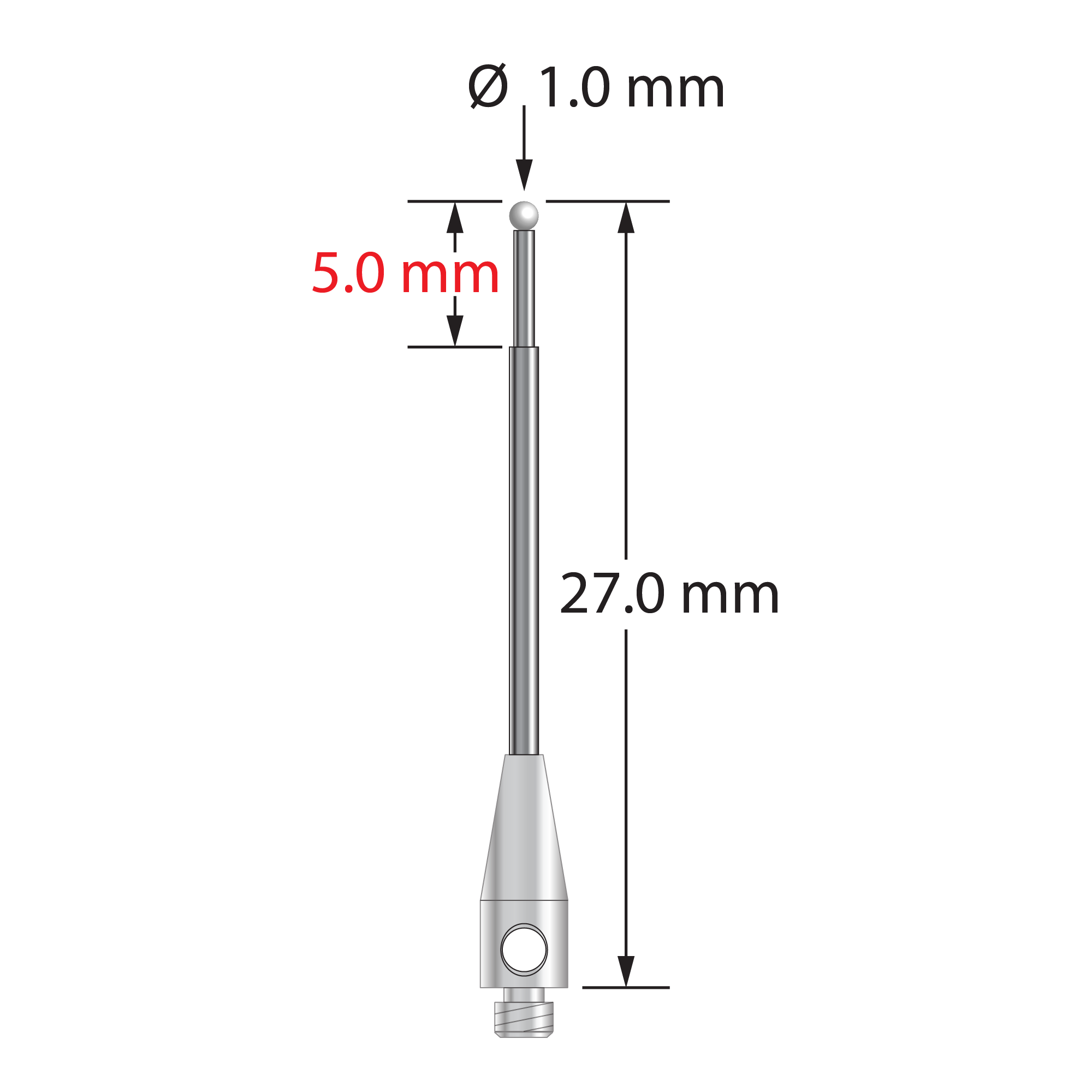 M2 stylus with 1.0 mm diameter zirconia ball, stepped carbide stem, and 3.0 mm diameter x 8.0 mm long stainless steel base. Minor stem diameter is 0.7 mm, major stem diameter is 1.0 mm. Overall stylus length is 27.0 mm. Stylus weight is 0.49 gram.