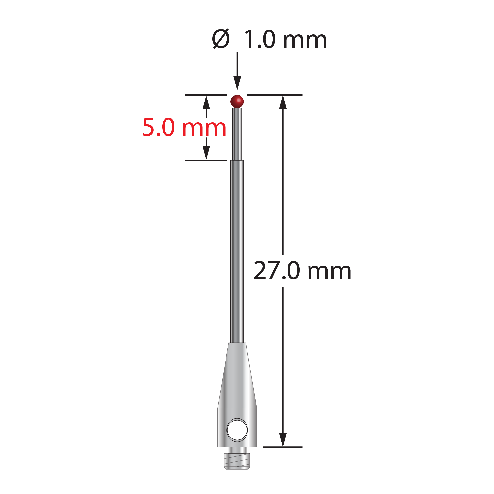TM2-1027 M2 stylus, 1.0mm ruby ball, stepped carbide stem, stainless steel base, 27.0mm long.