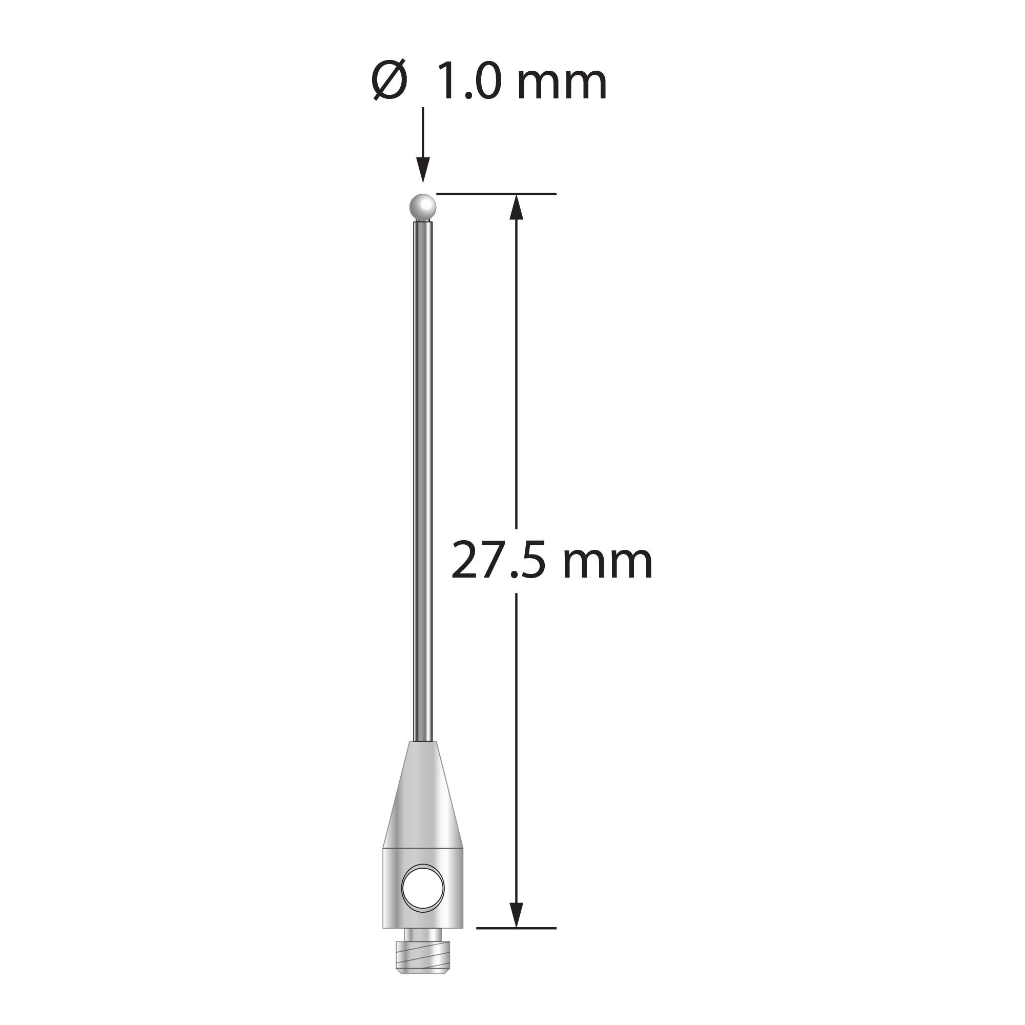 M2 stylus with 1.0 mm diameter zirconia ball, 0.7 mm diameter carbide stem, and 3.0 mm diameter x 7.0 mm long stainless steel base. Overall stylus length is 27.5 mm. Stylus weight is 0.40 gram.