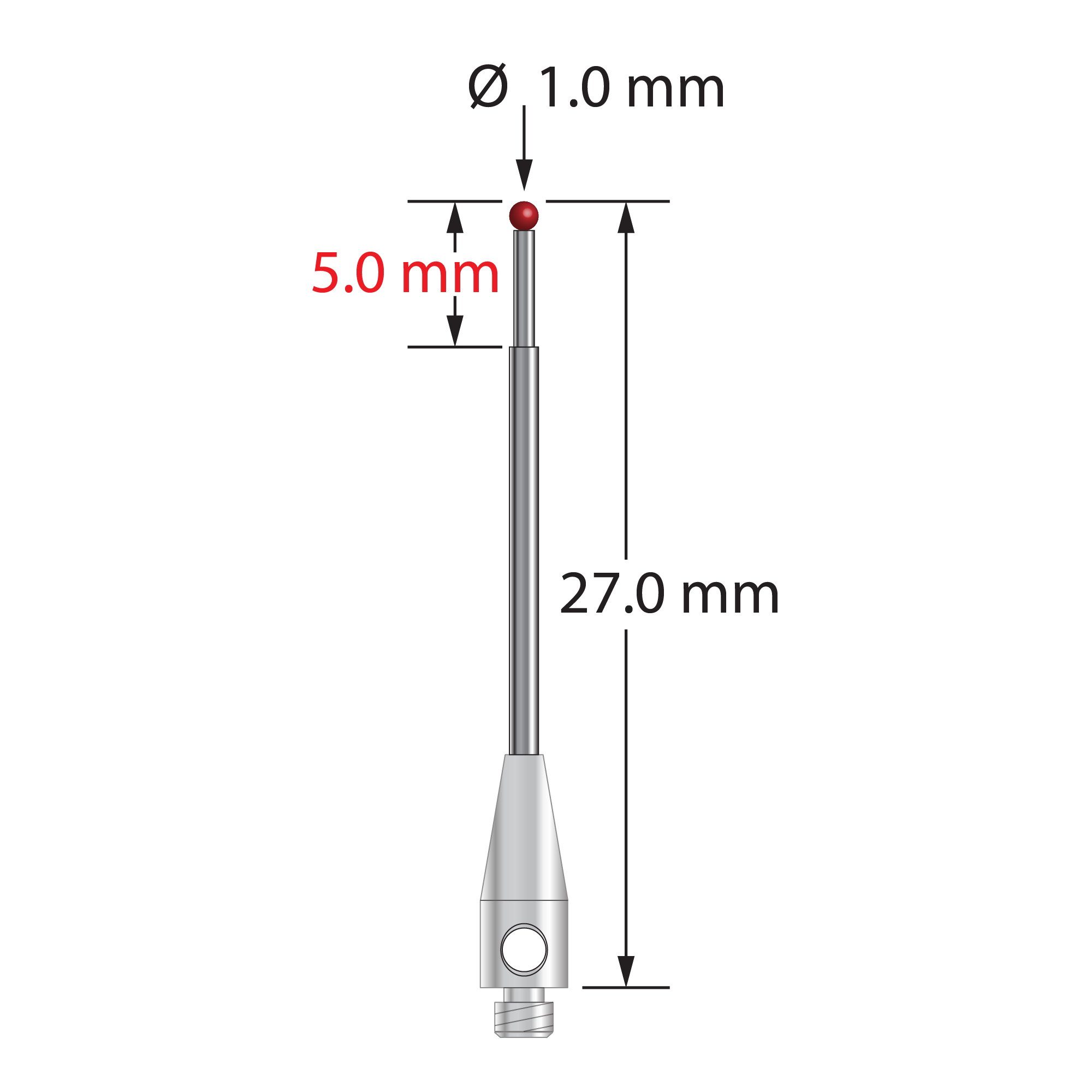 M2 stylus with 1.0 mm diameter ruby ball, stepped carbide stem, and 3.0 mm diameter x 8.0 mm long stainless steel base. Major stem diameter is 1.0 mm, minor stem diameter is 0.7 mm. Overall stylus length is 27.0 mm. Stylus weight is 0.49 gram.