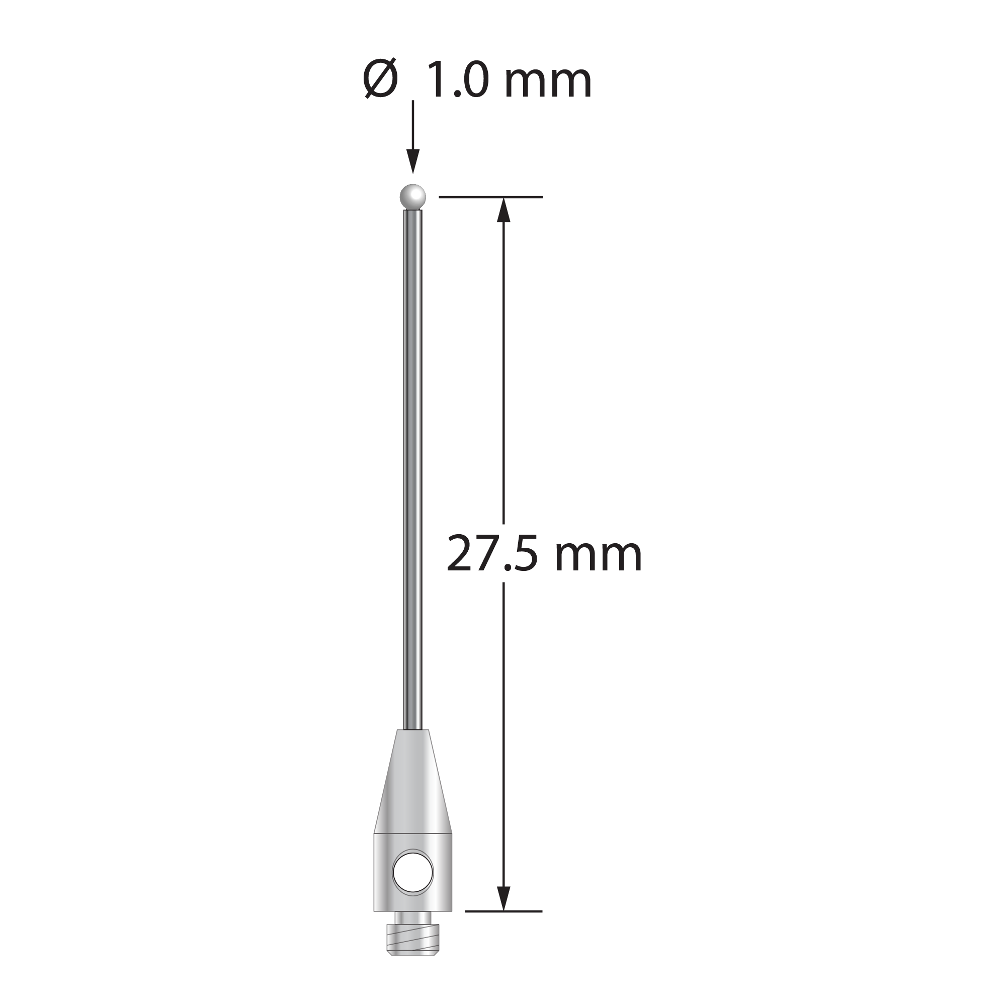 M2 stylus with 1.0 mm diameter zirconia ball, 0.7 mm diameter carbide stem, and 3.0 mm diameter x 7.0 mm long stainless steel base. Stylus length is 27.5 mm to ball center. Stylus weight is 0.41 gram.