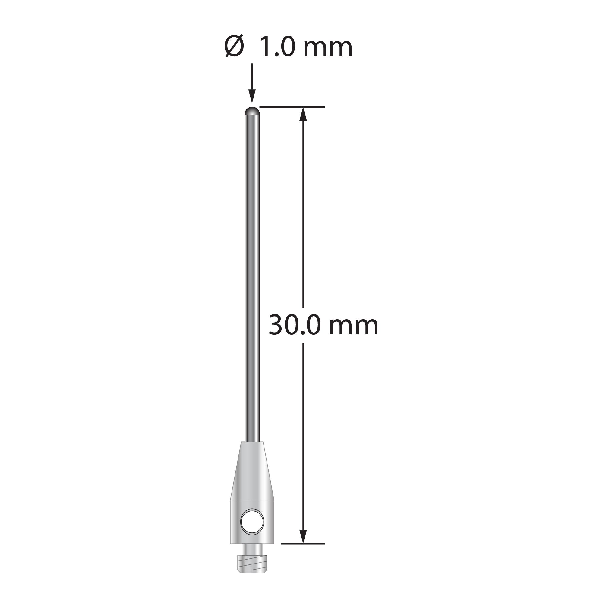 M2 stylus with 1.0 mm diameter carbide cylinder and 3.0 mm diameter x 7.0 mm long stainless steel base. Overall stylus length is 30.0 mm. Stylus weight is 0.57 gram.